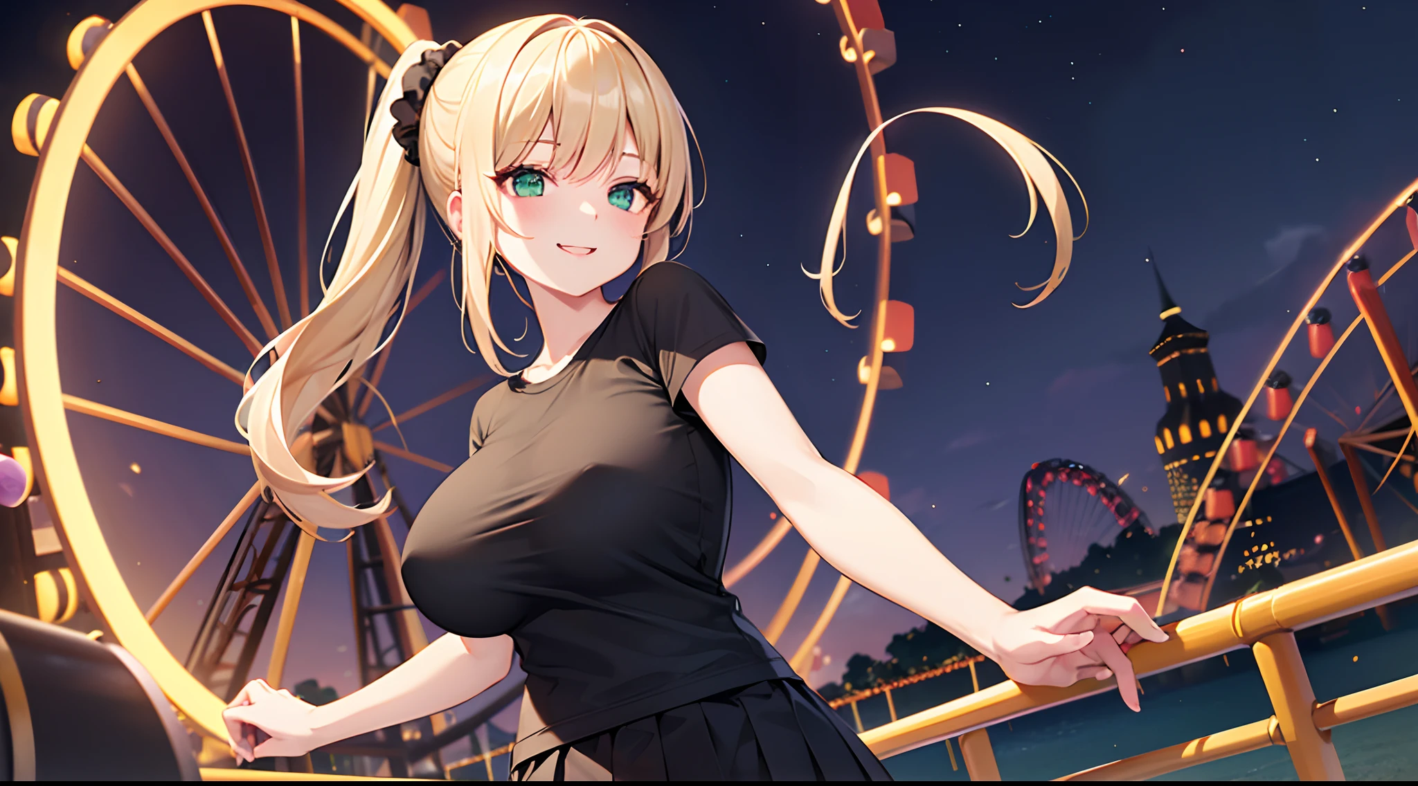 1 girl, game CG, plain black T-shirt, white short skirt, hair scrunchie, gigantic breasts, blonde, middle hair, side ponytail, green eyes, night, amusement park, Halloween background, smile,