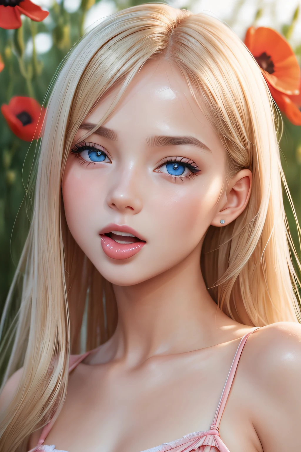 1girl, solo, elegant hair (full body: 1.1), (looking at the viewer: 1.1), young afica boy, tight small bikini, wild poppies swaying in the breeze, filmg , sweet_lolita, Best quality, masterpiece, blond hair, blue eyes. Open your mouth,,Exquisite mouth,((Ejaculation in the mouth)),Delicate s,mouth,Very detailed face,blush,Shiny wet skin,Normal tongue,Do not stick out your tongue,Pink lips,Delicate lips, ((all over the face, mouth and cheeks))
