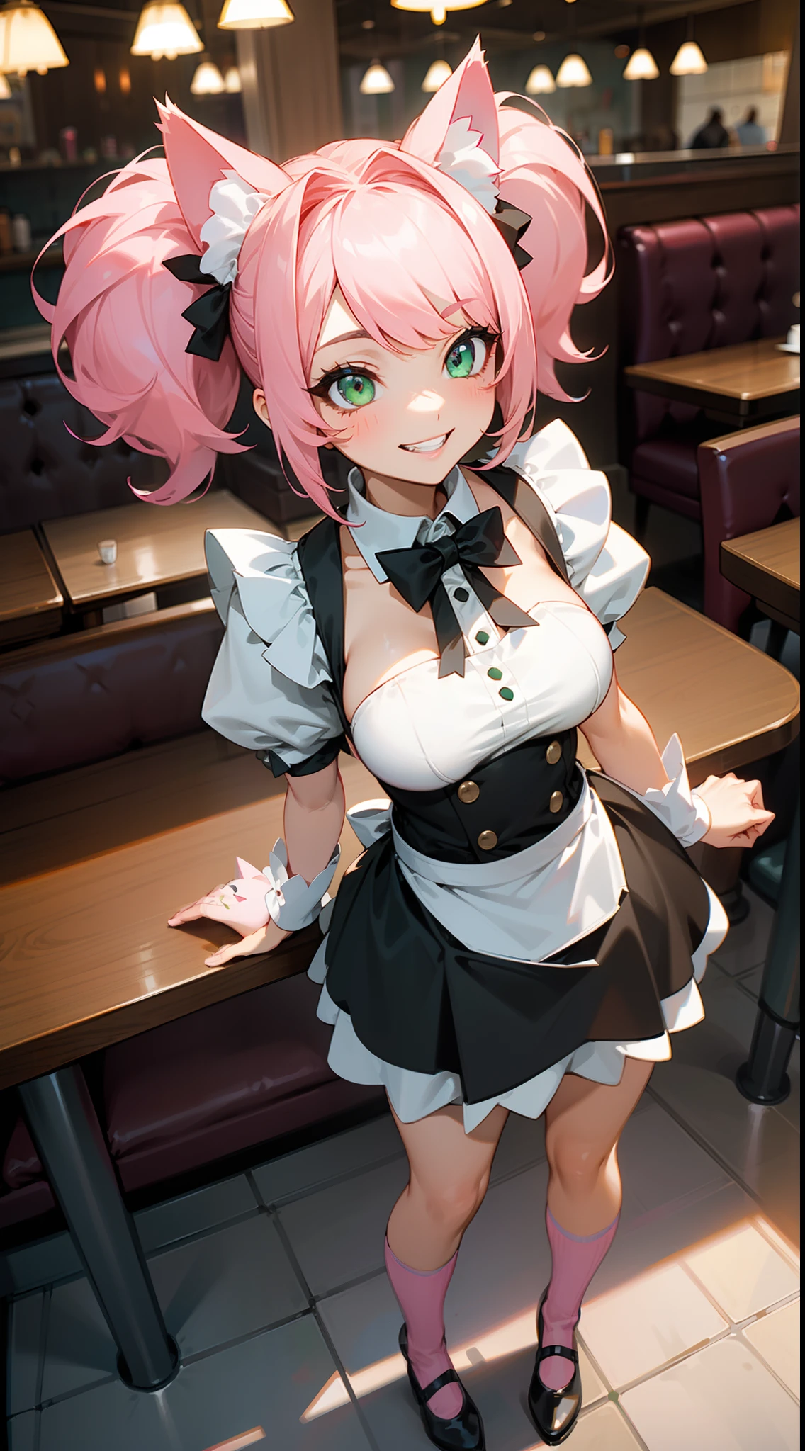 1girl,solo,happy face,teeth,white and black maid outfit,medium tits,pink cat ears,light pink hair,mega twintails,green eyes,(((standing in a restaurant))),