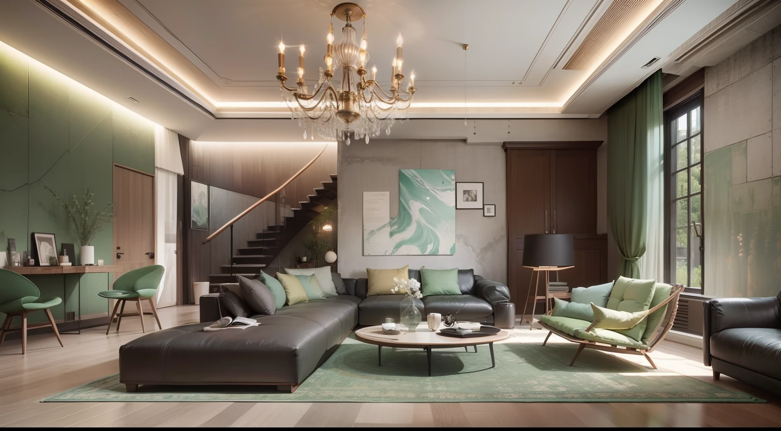Wabi-sabi style living room,Slate background wall,Bright strip light from wall to top,Decorative painting,Minotti sofa,Classic floor lamp,There are decorative chandeliers,Lightweight wool carpet,Malachite green luxury stone coffee table,Set of single sofas,Flowing window screens,floor to ceiling window,Great view