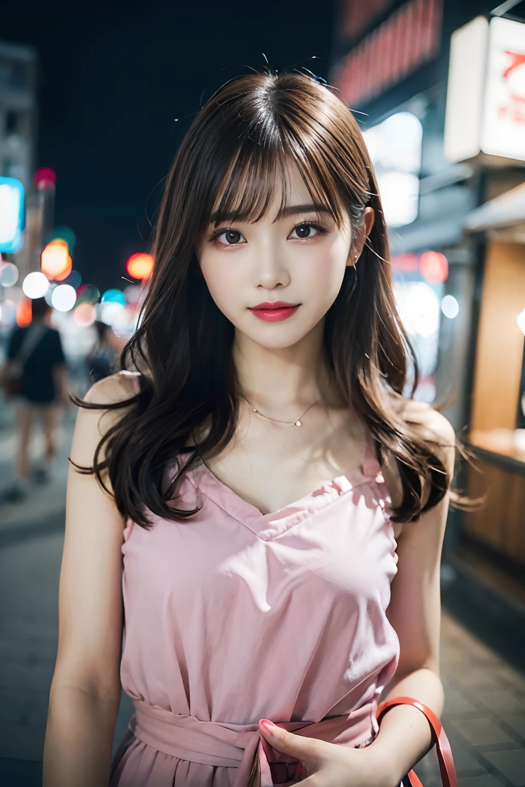(8K,Raw photo、Raw photo、top-quality、Master masterpiece:1.2)、ultra-detailliert、Super Resolution、(Photorealsitic:1.3)、Angle to shoot from the front、Clearly draw shades of light、high resolution RAW color photos、professional photograpy、Same skin type as humans、Female proofreading of Japan from head to waist、Blur the background、Draws faithfully to anatomy、Night city、Very detailed and beautiful、Ultra-high image quality、long、Brown hair fluttering in the night breeze、Hair swaying and sexy、Very detailed beautiful girl、(Pink Eye Shadow)、smil、Plain clothe、The upper part of the body、