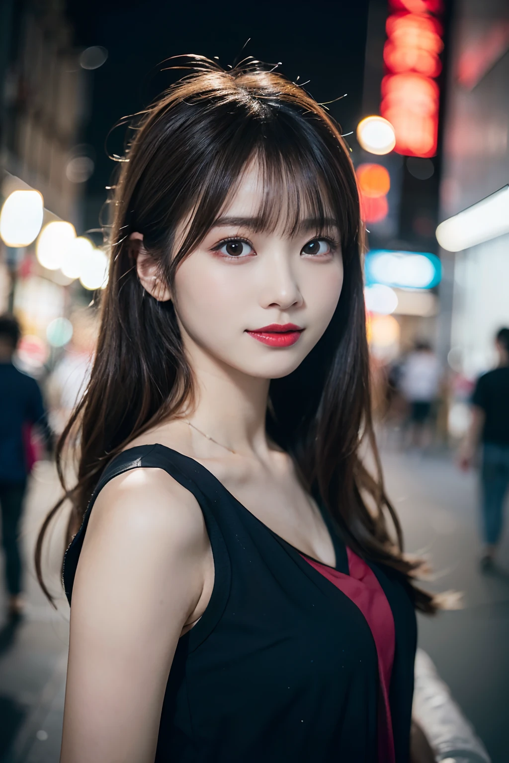 (8K,Raw photo、Raw photo、top-quality、Master masterpiece:1.2)、ultra-detailliert、Super Resolution、(Photorealsitic:1.3)、Angle to shoot from the front、Clearly draw shades of light、high resolution RAW color photos、professional photograpy、Same skin type as humans、Female proofreading of Japan from head to waist、Blur the background、Draws faithfully to anatomy、Night city、Very detailed and beautiful、Ultra-high image quality、long、Brown hair fluttering in the night breeze、Hair swaying and sexy、Very detailed beautiful girl、(Pink Eye Shadow)、smil、Plain clothe、The upper part of the body、