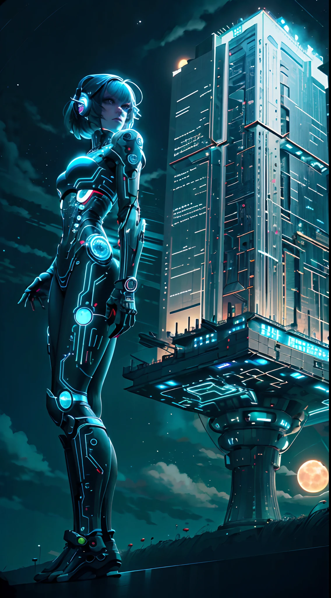 CircuitBoardAI skyscraper, solo, nighttime,neon,moon, dark clouds, no_stars, sci-fi, hitech building, futurism, detailed, high_res