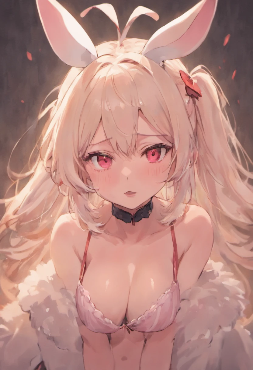 Anime girl with white hair bunny ears, Red eyes, Shy blush, gigantic cleavage breasts,nakeness,Seduction sexy