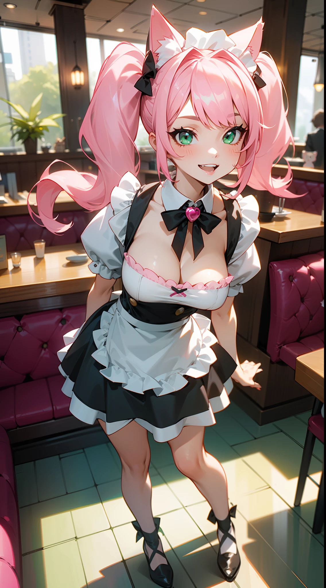 1girl,solo,happy face,teeth,white and black maid outfit,medium tits,pink cat ears,light pink hair,mega twintails,green eyes,(((standing in a restaurant))),