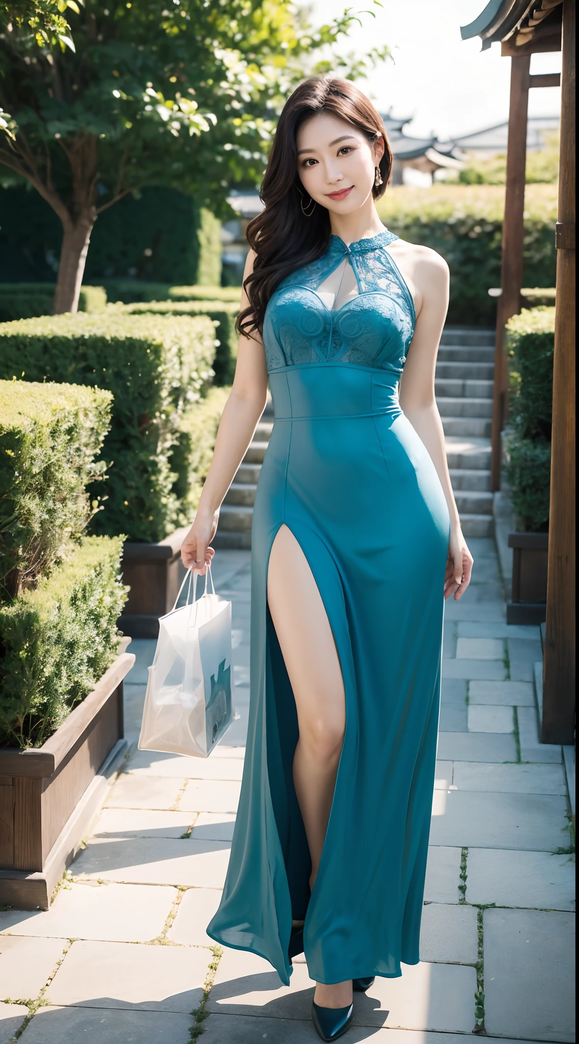 Bewitching beautiful mature woman、40 years、stature 154cm、well-proportioned figure、The figure of the hourglass、Wearing a long maxi dress, (Wearing pantyhose,Realistic Pantyhose)、game_nffsw, model in Japan、Japan sexy woman, Gorgeous Japan Woman, goddess of Japan, Walking through the gardens、Tempting smile、Holding a small bag、Raw photo, (in 8K、top-quality、masterpiece:1.2)、(intricate detailes:1.4)、(Photorealsitic:1.4)、octane renderings、Complex 3D rendering ultra detail, Studio Soft Light, Rim Lights, vibrant detail, super detailing, realistic skin textures, Detail Face, Beautiful detail eyes, Very detailed CG Unity 16k wallpaper, make - up, (detailedbackground:1.2), shinny skin、turned around、Exposed thighs!!!、