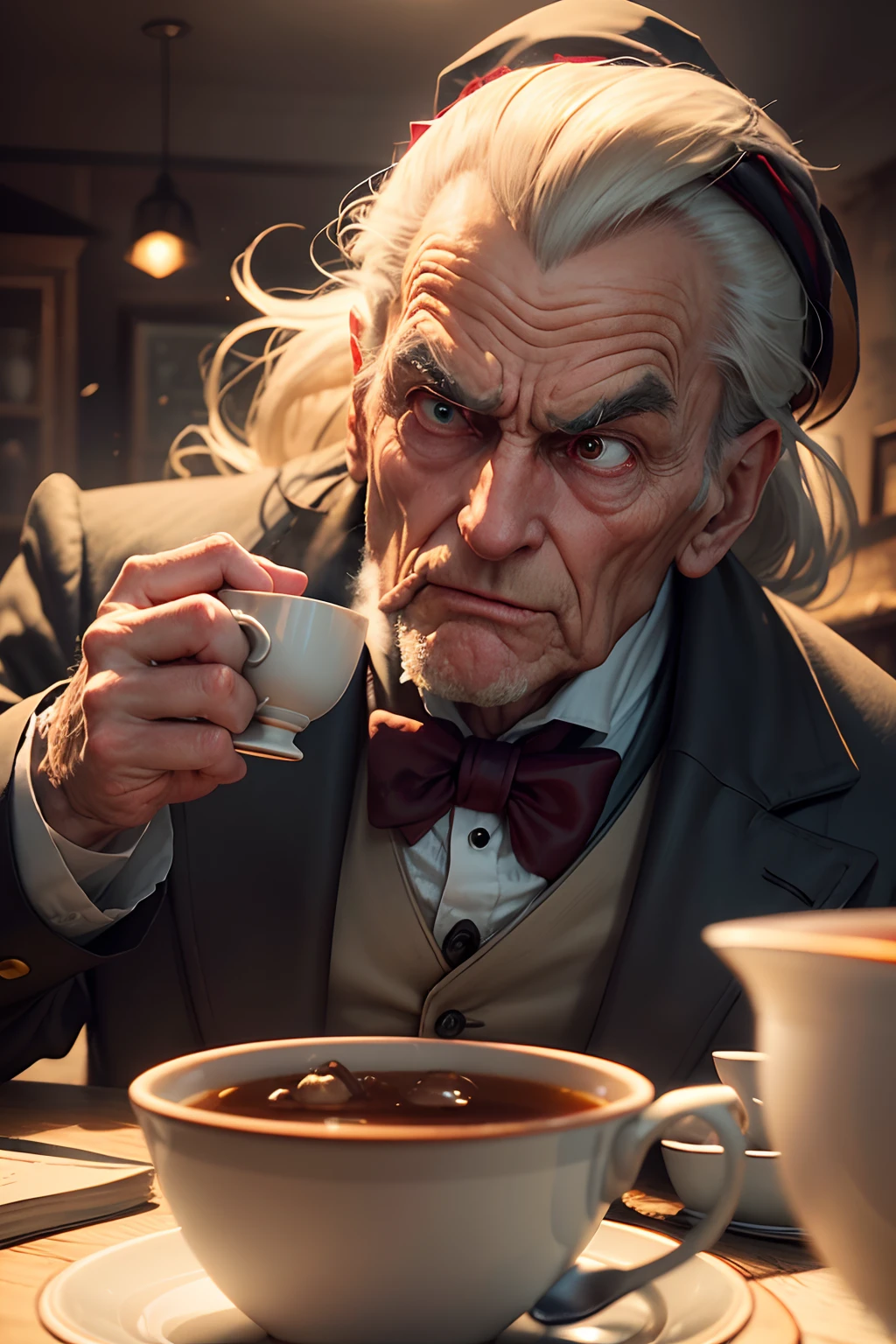 Create a humorous illustration of Ebenezer Scrooge enjoying a cup of tea, while surrounding the stage with various tea-related humorous elements, such as large cups of tea, Tea leaves in flight, des biscuits qui dansent, etc. Make sure Scrooge sports a facial expression typical of his grumpy character while enjoying the tea.
