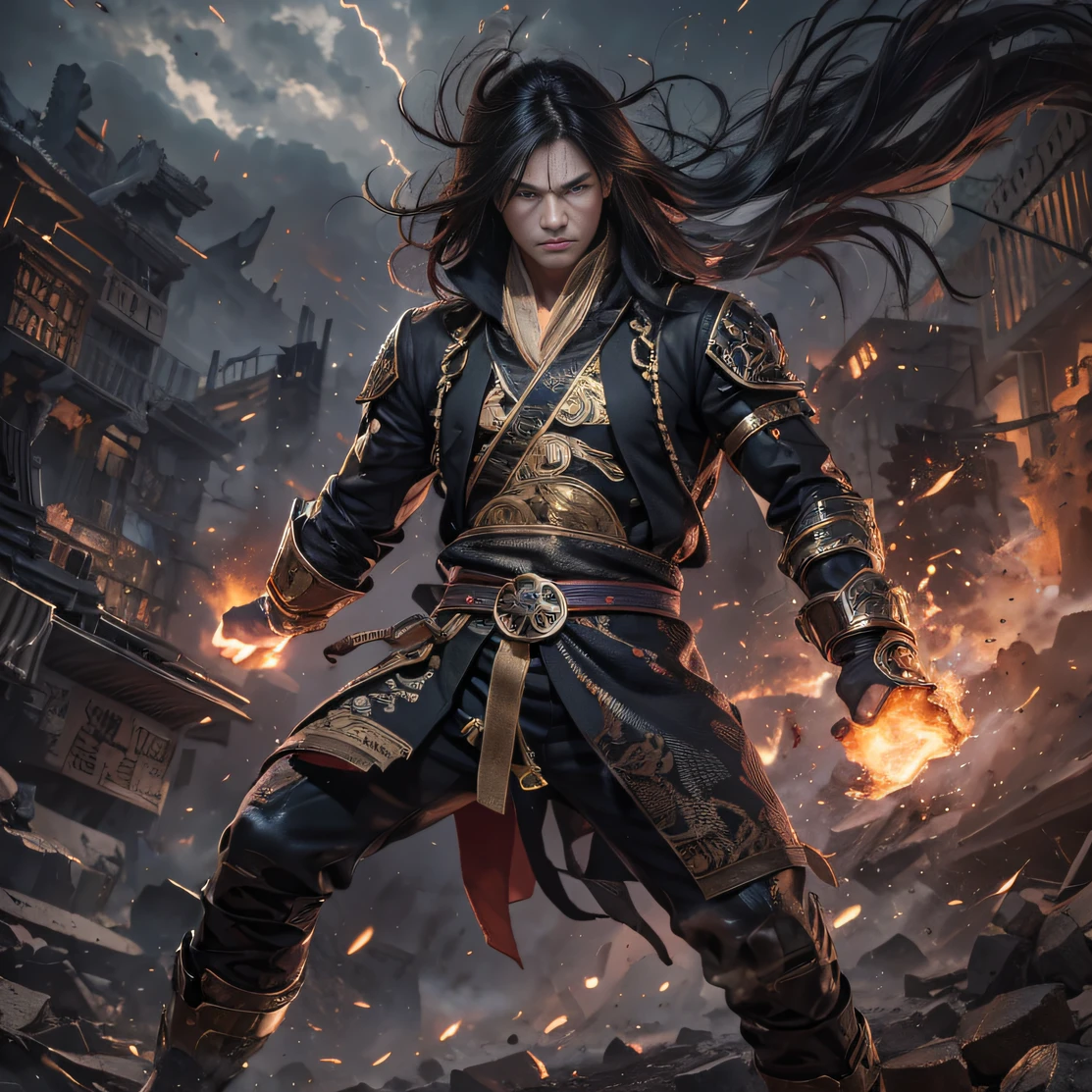 （Doomsday ruins）eyes filled with angry，He clenched his fists，Rush up，Deliver a fatal blow to your opponent，full bodyesbian，Full Body Male Mage 32K（tmasterpiece，hyper HD）Long flowing black hair，Campsite size，zydink， a color， The scene of the explosion（Doomsday ruins）， （Linen batik scarf）， Angry fighting stance， looking at the ground， Batik linen bandana， Chinese python pattern long-sleeved garment， （Abstract propylene splash：1.2）， Dark clouds lightning background，Flour flies（realisticlying：1.4），Black color hair，Flour fluttering，Background fog， A high resolution， the detail， RAW photogr， Sharp Re， Nikon D850 Film Stock Photo by Jefferies Lee 4 Kodak Portra 400 Camera F1.6 shots, Rich colors, ultra-realistic vivid textures, Dramatic lighting, Unreal Engine Art Station Trend, cinestir 800，Flowing black hair,（（（Male mage））），The male mage was furious，