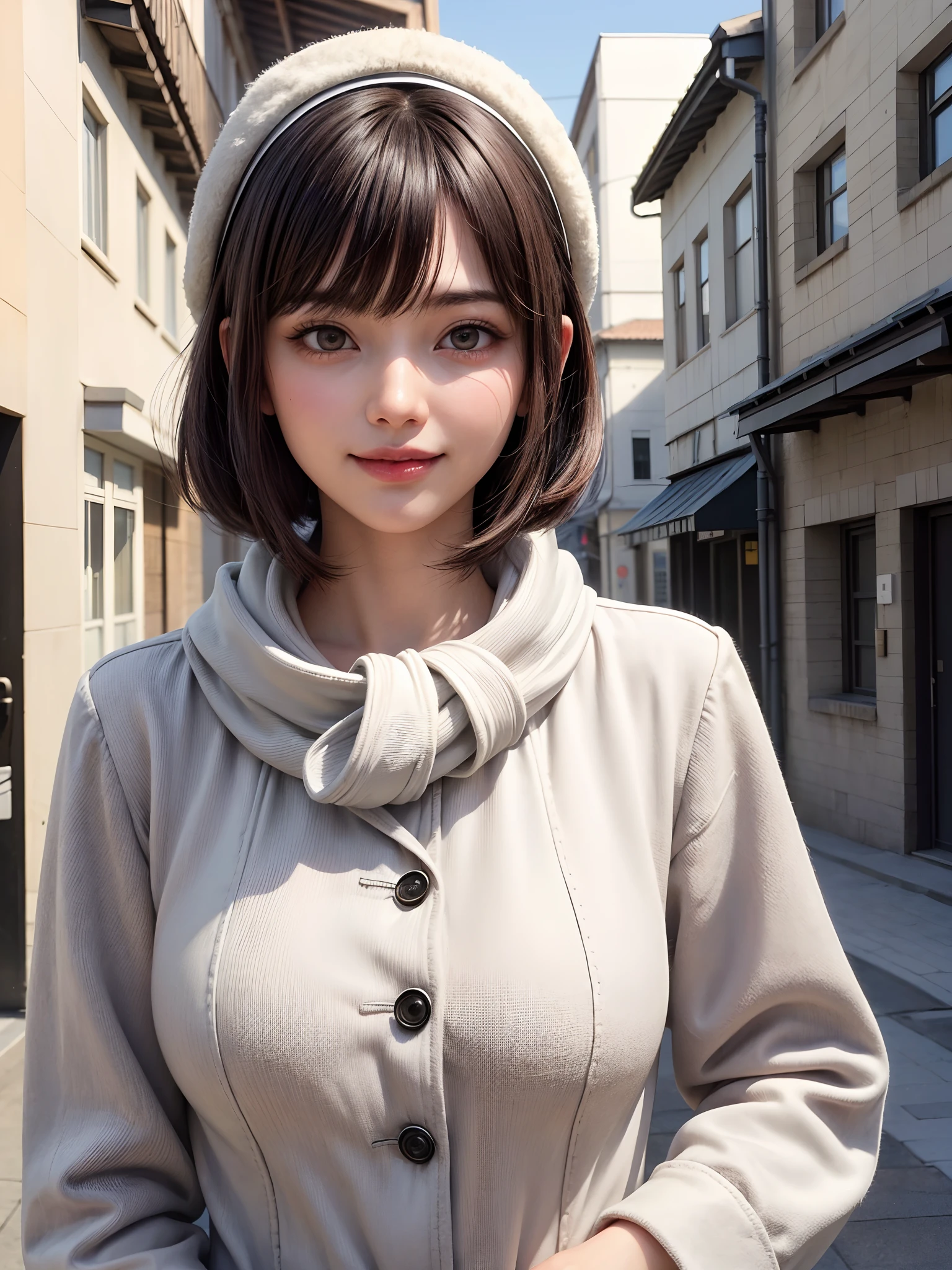 (masterpiece, top-quality),1girl in, 独奏, A dark-haired, scarf, Hats,, realisitic, looking at the viewers, black eyes of light color, shorth hair, coat, Winter clothes, White headscarf, s lips, lipgloss,bangss,, a closed mouth, The upper part of the body、big eye、Lashes、((Street))、((Shorthair with bangs、big eye、Put very strong highlights in your students、very Bigger breasts、gazing at viewer、Very beautiful beauty、Put your ears out、long neck、little smiling、Close your mouth and smile)))、