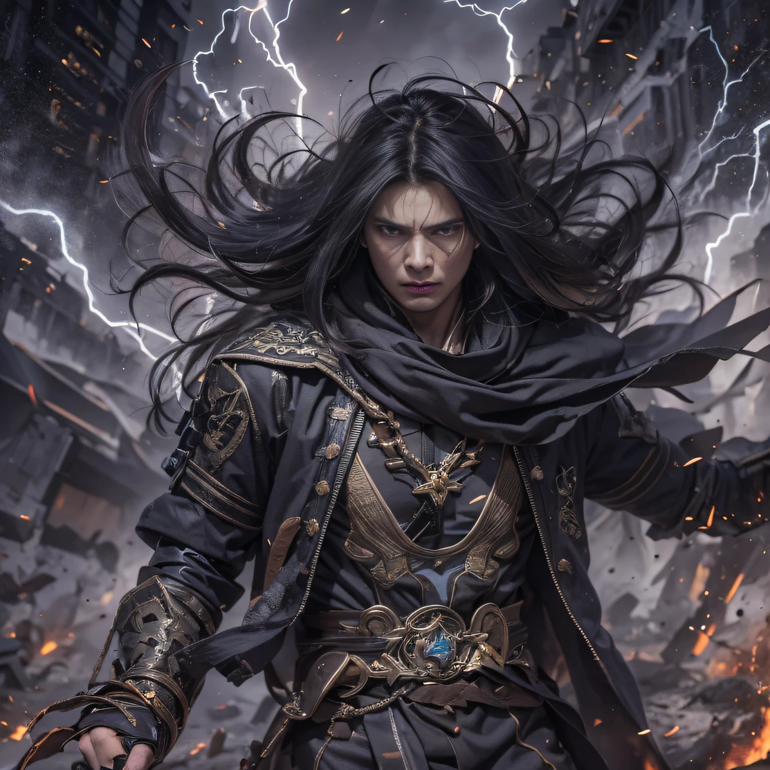 (Doomsday ruins)eyes filled with angry,He clenched his fists,Rush up,Deliver a fatal blow to your opponent,full bodyesbian,Full Body Male Mage 32K(tmasterpiece,hyper HD)Long flowing black hair,Campsite size,zydink, a color, The scene of the explosion(Doomsday ruins), (Linen batik scarf), Angry fighting stance, looking at the ground, Batik linen bandana, Chinese python pattern long-sleeved garment, (Abstract propylene splash:1.2), Dark clouds lightning background,Flour flies(realisticlying:1.4),Black color hair,Flour fluttering,Background fog, A high resolution, the detail, RAW photogr, Sharp Re, Nikon D850 Film Stock Photo by Jefferies Lee 4 Kodak Portra 400 Camera F1.6 shots, Rich colors, ultra-realistic vivid textures, Dramatic lighting, Unreal Engine Art Station Trend, cinestir 800,Flowing black hair,(((Male mage))),The male mage was furious,