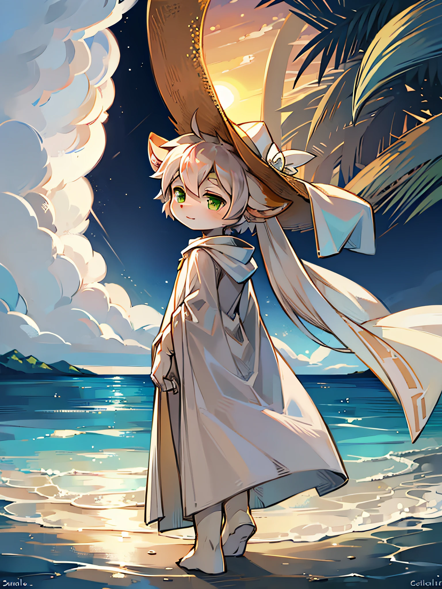 A white deer,Green eyes,long white robe,sandbeach,the ocean,the setting sun,flowing robe,eventide,Straw Hat Hat,Shota,adolable,facing away from the audience,having fun,Expectant eyes