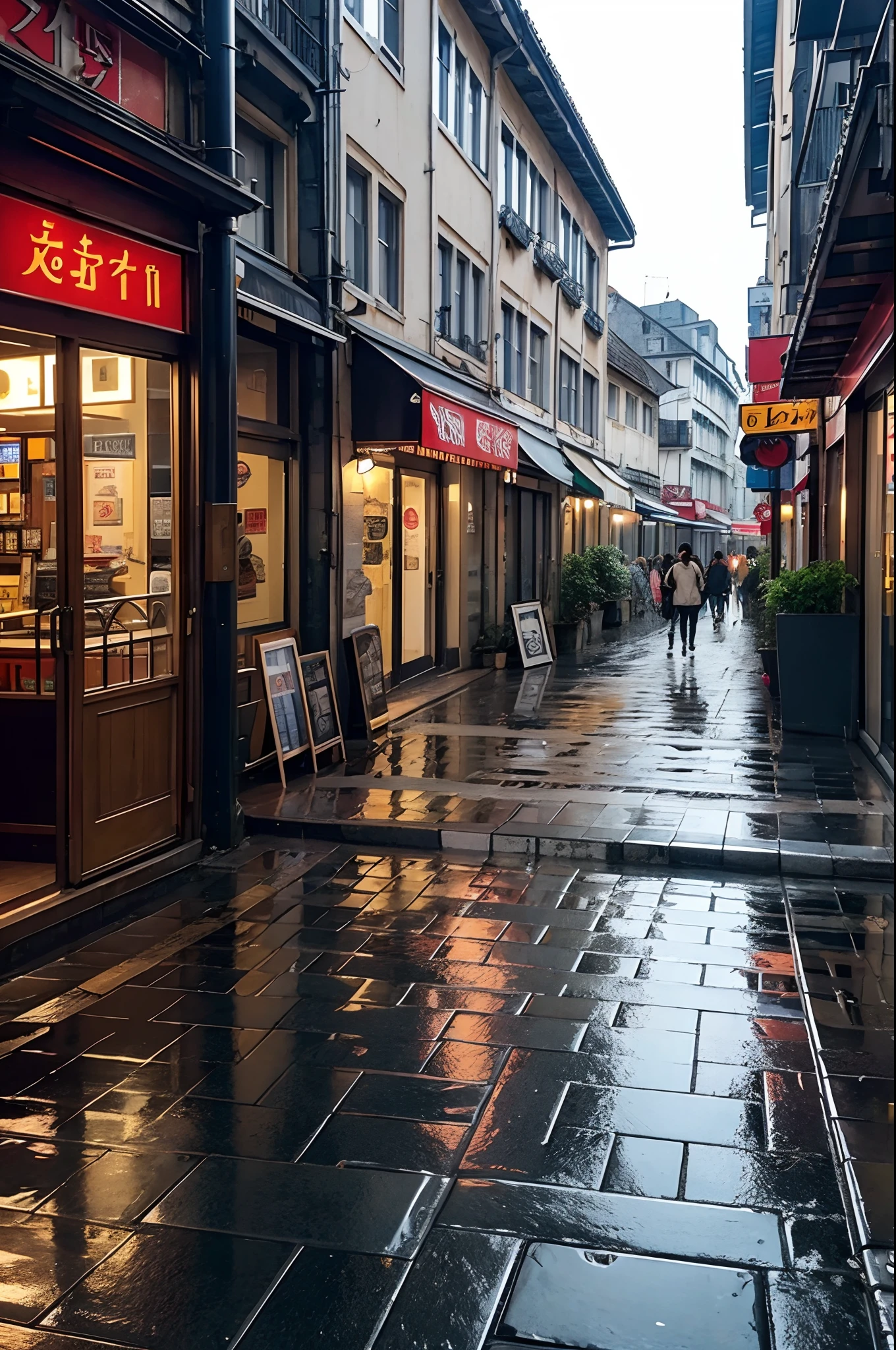 Photos of the café, wet street, Buildings, busy street, cycle, garbage, Nostalgia, hyper qualit, ultra - detailed,