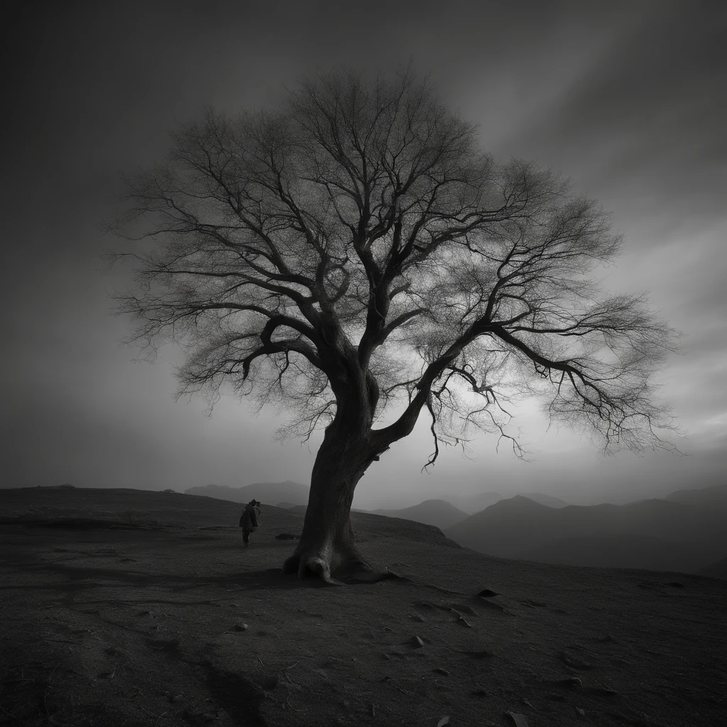 /imagine prompt:
color photo of: "A blood-red sky, silhouette of a towering cosmic tree, abstract figures scattered across a wasteland, each with a unique style, all with glowing crimson eyes" 
A surreal and haunting scene, where the sky bleeds crimson, casting an eerie glow upon the desolate landscape. The silhouette of a colossal cosmic tree stretches towards the heavens, its branches twisting and reaching like otherworldly tendrils. Amidst the barren wasteland, abstract figures emerge, their forms distorted and ethereal. Some resemble twisted sculptures, while others take on more organic shapes, their bodies contorting in impossible ways. All of them share one striking feature - eyes that emanate a sinister crimson light, piercing through the darkness. The atmosphere is heavy with an otherworldly presence, a sense of foreboding that lingers in the air. 
Captured with a vintage camera, the photo exhibits a dreamlike quality. Shot with a Leica M7, using a vibrant color film like Kodak Ektar 100, the image is bathed in rich hues, enhancing the intensity of the blood-red sky. A wide-angle lens, such as a Leica Summilux-M 35mm f/1.4, was employed to encompass the vastness of the scene, allowing the towering cosmic tree to dominate the frame. Techniques like long exposure were utilized to capture the ethereal movements of the abstract figures, blurring their forms and adding a touch of surrealism to the composition. 
Unlikely collaborators who would juxtapose uniquely in this scene include visionary director Guillermo del Toro, renowned cinematographer Roger Deakins, avant-garde photographer Cindy Sherman, and boundary-pushing fashion designer Alexander McQueen. Their distinct artistic visions and unconventional approaches to storytelling would bring a mesmerizing and chilling dimension to this already haunting scene.
—c 10 —ar 2:3
