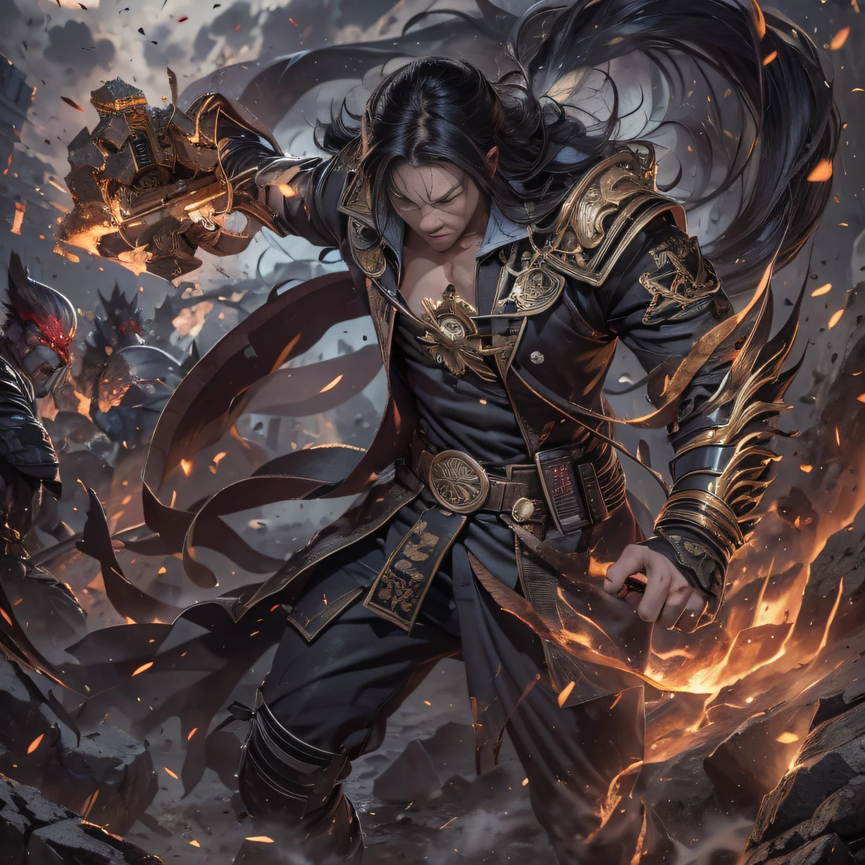(Doomsday ruins)eyes filled with angry,He clenched his fists,Rush up,Deliver a fatal blow to your opponent,full bodyesbian,Full Body Male Mage 32K(tmasterpiece,hyper HD)Long flowing black hair,Campsite size,zydink, a color, The scene of the explosion(Doomsday ruins), (Linen batik scarf), Angry fighting stance, looking at the ground, Batik linen bandana, Chinese python pattern long-sleeved garment, (Abstract propylene splash:1.2), Dark clouds lightning background,Flour flies(realisticlying:1.4),Black color hair,Flour fluttering,Background fog, A high resolution, the detail, RAW photogr, Sharp Re, Nikon D850 Film Stock Photo by Jefferies Lee 4 Kodak Portra 400 Camera F1.6 shots, Rich colors, ultra-realistic vivid textures, Dramatic lighting, Unreal Engine Art Station Trend, cinestir 800,Flowing black hair,(((Male mage))),The male mage was furious,