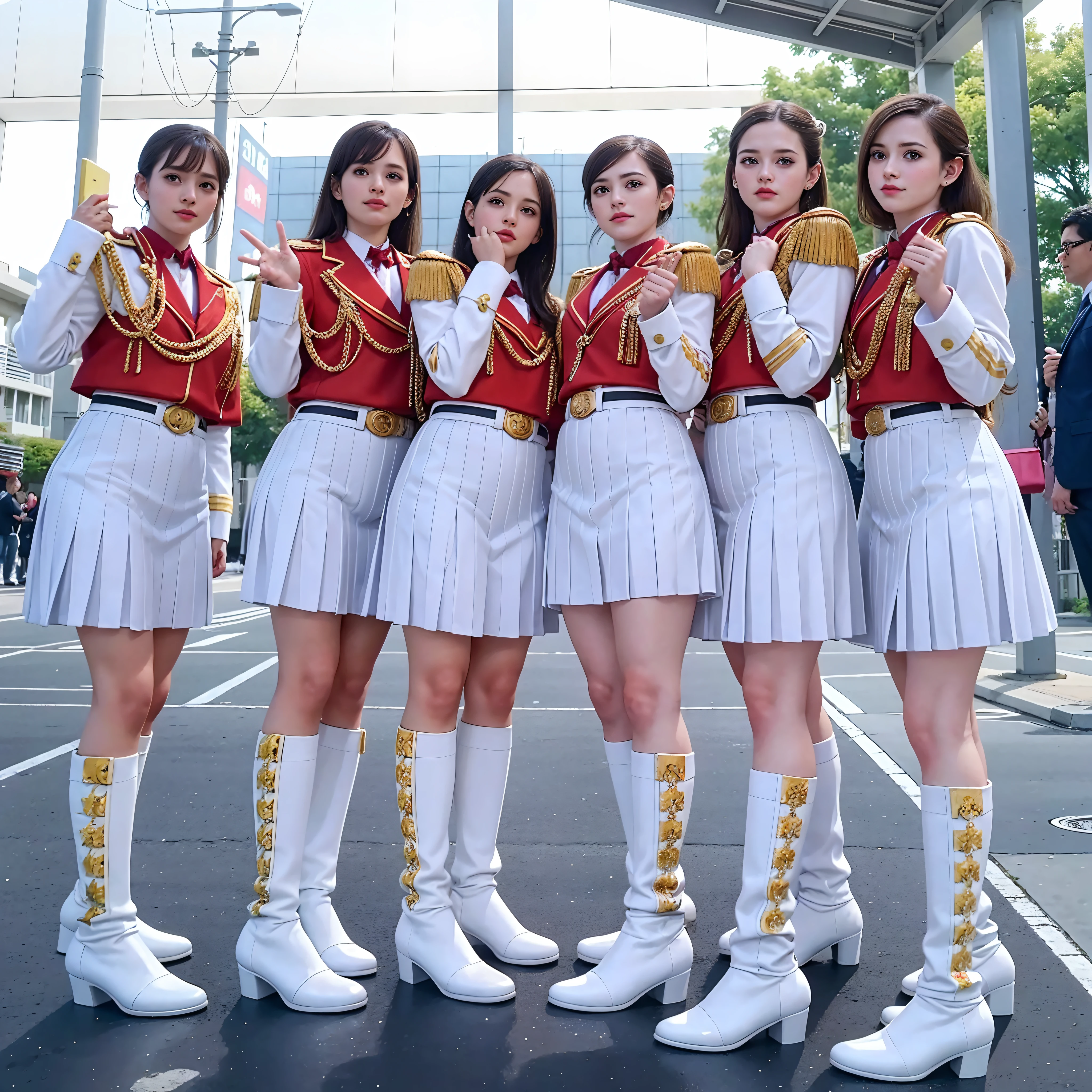 Group of 4 girls in uniform and taking a photo, captured on canon eos r 6, Magic Uniform University Background. The girl wears a white uniform with a design like Sailor Moon, Emphasize the classic style. Images are of the highest quality (Best Quality, 8K resolution, hight resolution, nffsw:1.2), Provides ultra-detailed and photorealistic visuals. This scene has、There are special effects reminiscent of Toei's tokusatsu movies, Create a dynamic and vibrant atmosphere. Around the girl、There are various symbols and elements that represent the magical nature of the school, keys, etc., Note, And bees. Lighting is、Highlight unique uniforms、Meticulously created to bring out the vibrant colors of the artwork. The composition is、Capture the enthusiasm and creativity of a girl posing for the perfect shot.