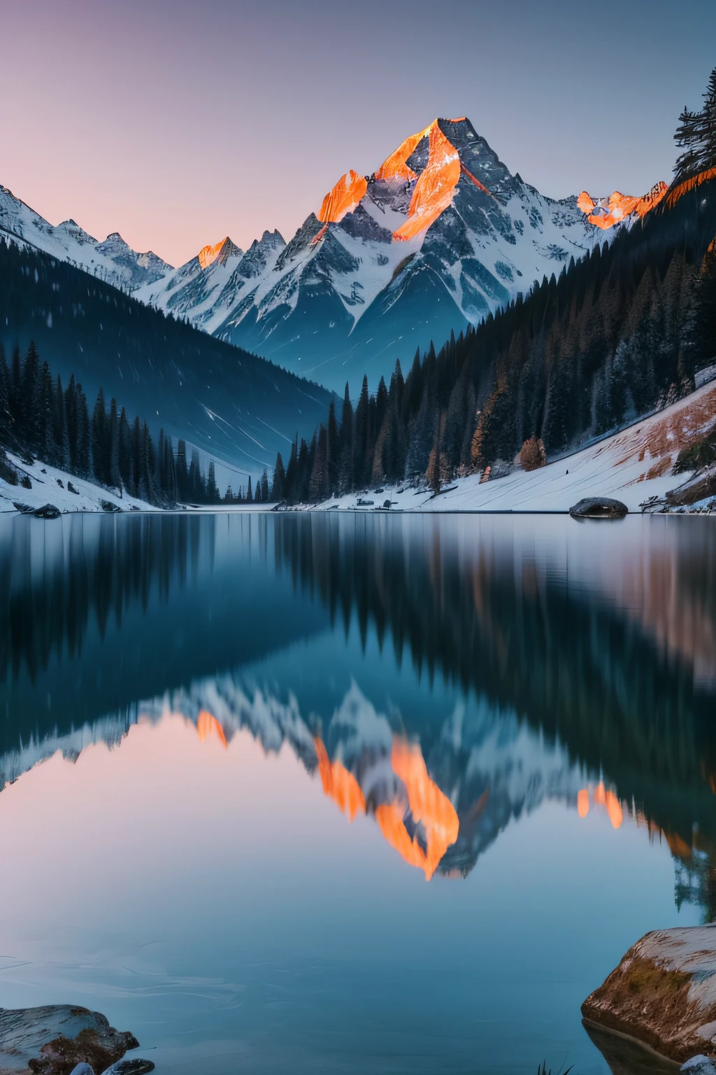 Capture an enchanting color photograph with a fine art feel, similar to the work of a landscape photographer, showcasing the mesmerizing beauty of a mountain lake with pristine reflections of the towering peaks in a composition that captivates the viewer