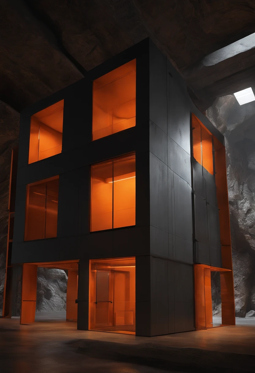 SCP class-D containment zone modern architecture inside a cavern theme is orange and dark steel with double story cell block and a tall roof/loft, needs catwalks and blast doors