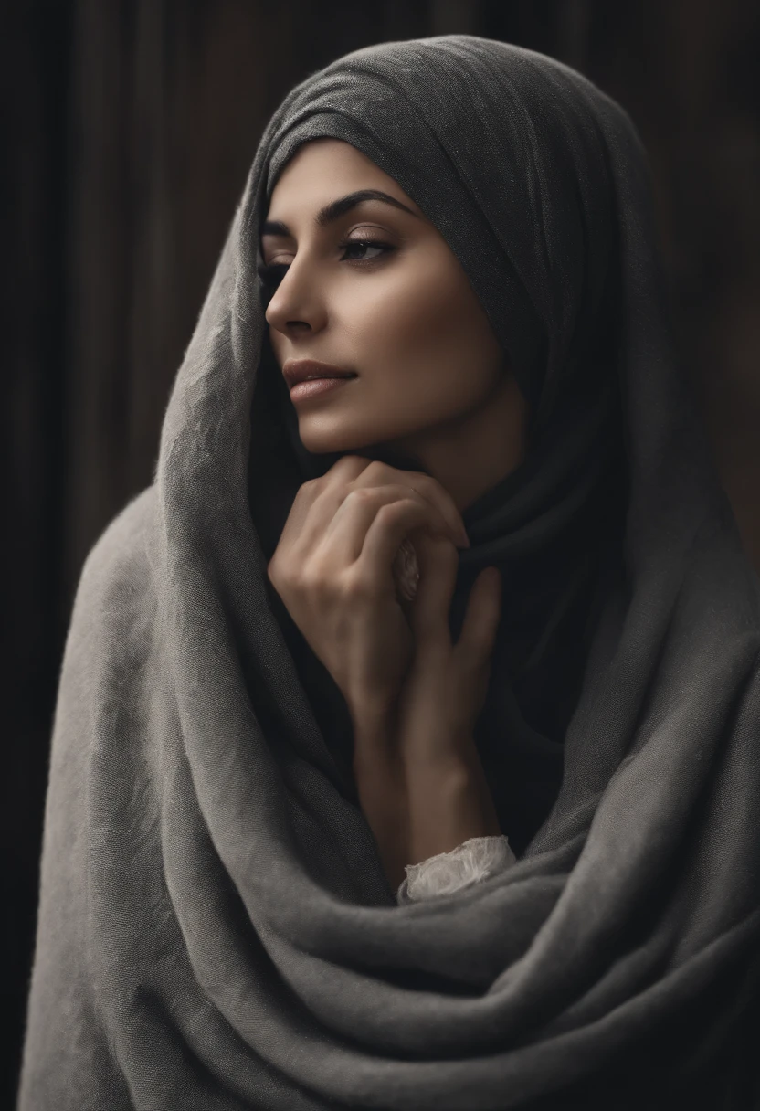 hyperrealistic), (illustration), (high resolution), (8K), (extremely detailed), (best illustration), small tits, naked, nudes, hijab pashmina, black sweater