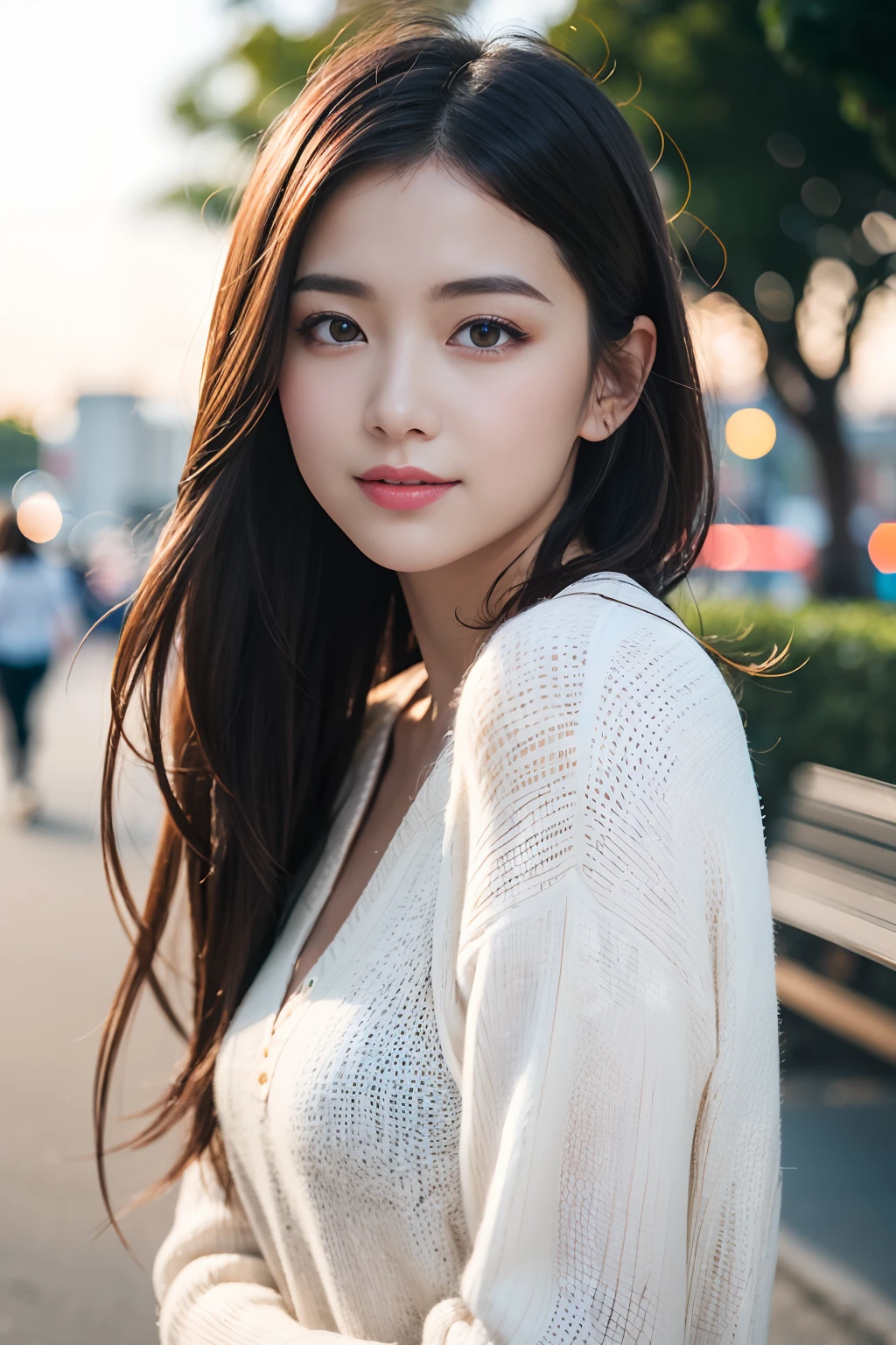 (8K,Raw photo、Raw photo、top-quality、Master masterpiece:1.2)、ultra-detailliert、Super Resolution、(Photorealsitic:1.3)、Angle to shoot from the front、Clearly draw shades of light、high resolution RAW color photos、professional photograpy、Same skin type as humans、Female proofreading of Japan from head to waist、Blur the background、Draws faithfully to anatomy、cafes、Very detailed and beautiful、Ultra-high image quality、long、Brown hair fluttering in the night breeze、Hair swaying and sexy、Very detailed beautiful girl、(Pink Eye Shadow)、smil、Plain clothe、The upper part of the body、