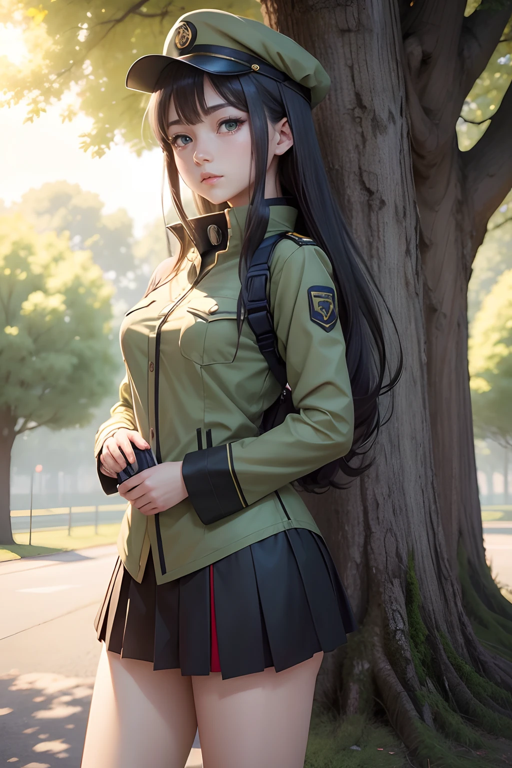 anime girl in uniform talking on cell phone in front of a tree, anime moe artstyle, official art, official artwork, anime visual of a cute girl, official character art, !light green color eyes, marin kitagawa fanart, made with anime painter studio, iwakura lain, painted in anime painter studio, rin, shirabii, kantai collection style, yandere. tall HD UHD 4K