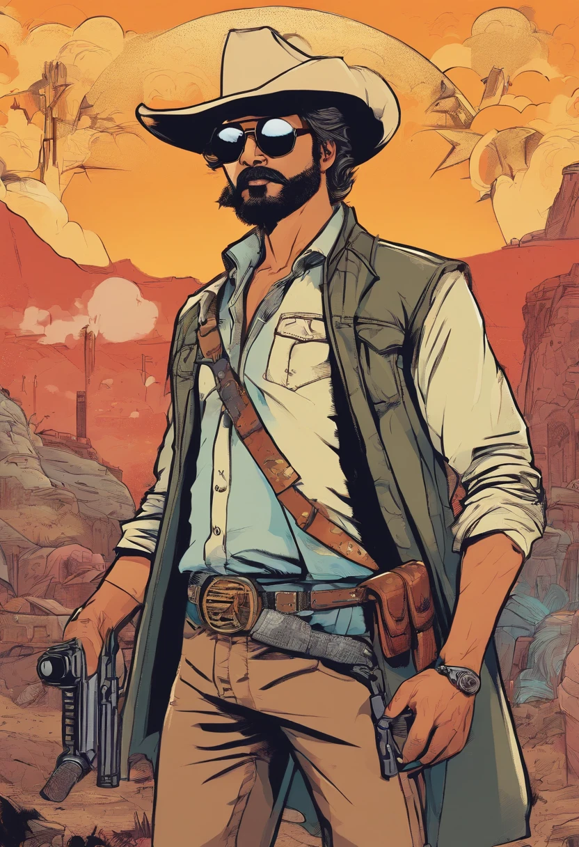 ThalapathyVijay as a cowboy holding a gun in hand smoking a ciggerate wearing a cool sunglass having beard and salt and pepper hairs standing near a blasting background looking fiercely