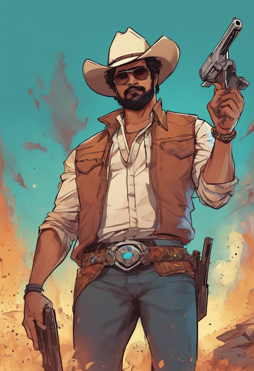 ThalapathyVijay as a cowboy holding a gun in hand smoking a ciggerate wearing a cool sunglass having beard and salt and pepper hairs standing near a blasting background looking fiercely