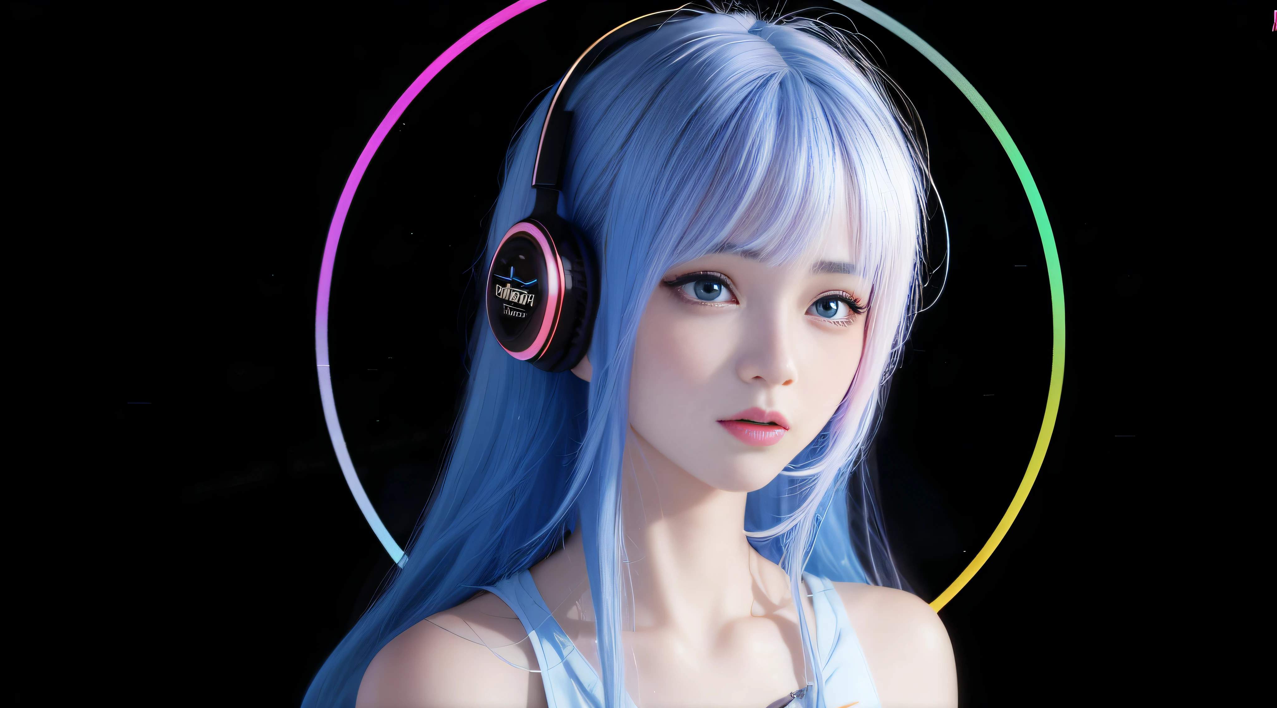 Alafard girl with blue hair wearing headphones and white vest, Anime style. 8K, style of anime4 K, Guviz-style artwork, Beautiful anime style, realistic anime artstyle, Realistic anime 3 D style, Anime style, anime-inspired, Realistic young anime girl, style of anime, Beautiful anime girl, Anime-style