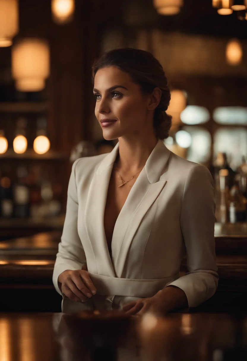 1 mulher adulta, cabelo comprido, cabelo cacheado, cabelo cor preto, pele suave, olhos castanhos, sorrir, vegetation, Occasional, Businesswoman style clothes, blaser marrom claro, realista, com fundo em um restaurante chique, 8k super realista, super detalhado e realista in bar