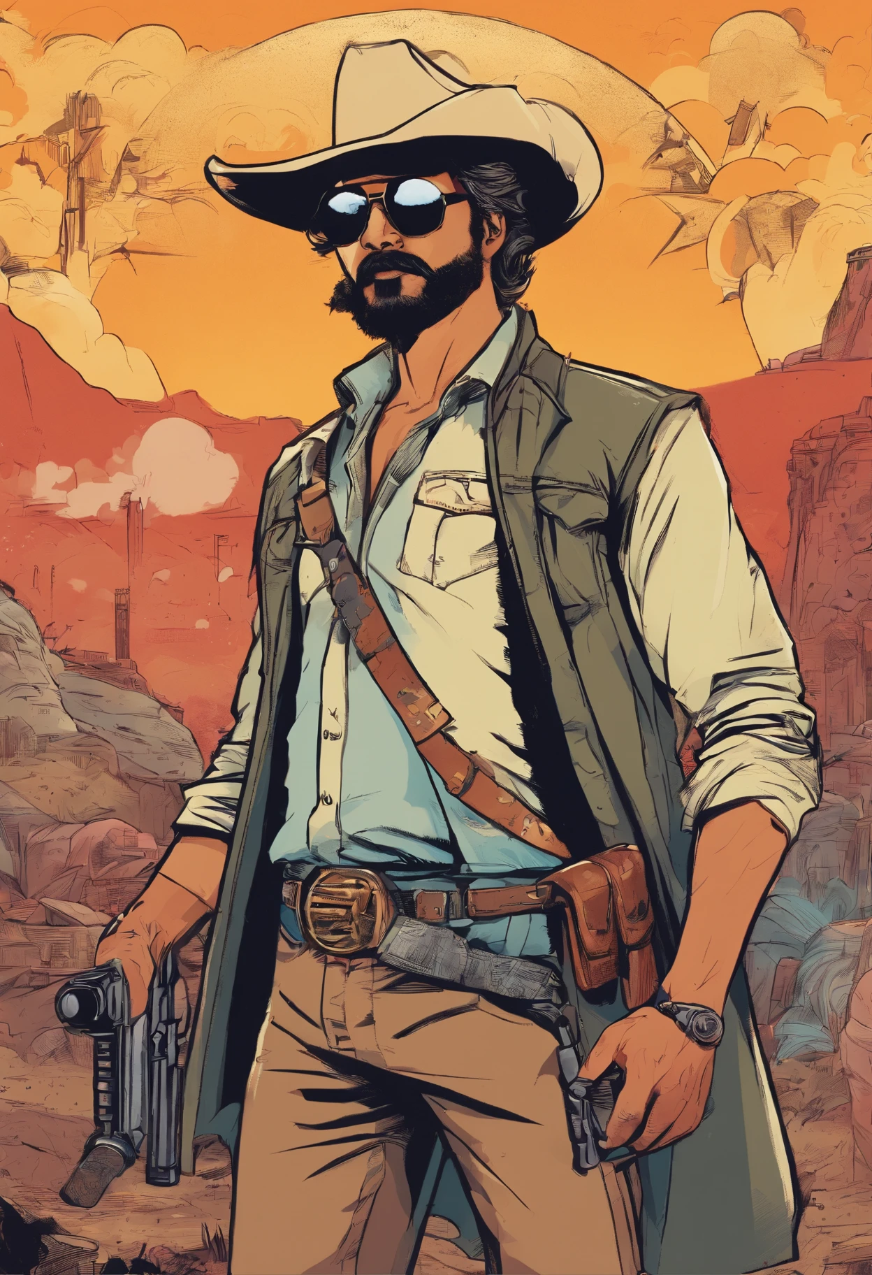 ThalapathyVijay as a cowboy holding a gun in hand smoking a ciggerate wearing a cool sunglass having beard and salt and pepper hairs standing near a blasting background looking fiercely