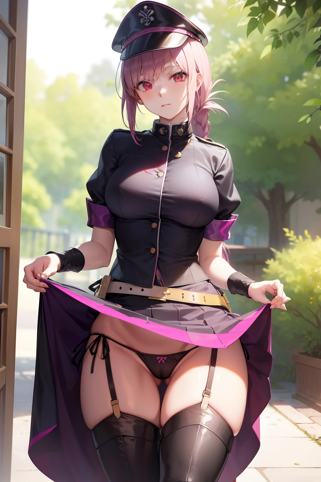 Florence Nightingale, Florence Nightingale, Pink hair, Long hair, (Red Eyes:1.5), Hair braid, side locks, folded ponytail, Single braid, braid, braided ponytails,Brake belt, bikini of, Black footwear, black headwear, long boots, Garrison Cap, gloves, Green Bikini, Green gloves, green thighhighs, hat, layered bikini, micro skirt, official alternate costume, purple belt, Purple Bikini, Revealing clothes, Short sleeves, Skirt, Swimsuit, Thigh boots, thighs thighs thighs thighs,BREAK looking at viewer,Break indoors,BREAK (masutepiece:1.2), Best Quality, High resolution, Unity 8k壁纸, (Illustration:0.8), (Beautiful detailed eyes:1.6), extra detailed face, Perfect Lighting, extremely details CG, (Perfect hands, Perfect Anatomy),Naughty big、large full breasts、,(Skirt lift:1.3), (white panties:1.3)、(Skirt that rolls up:1.3)、(Fully exposed panties:1.5)、outside of house、plein air、