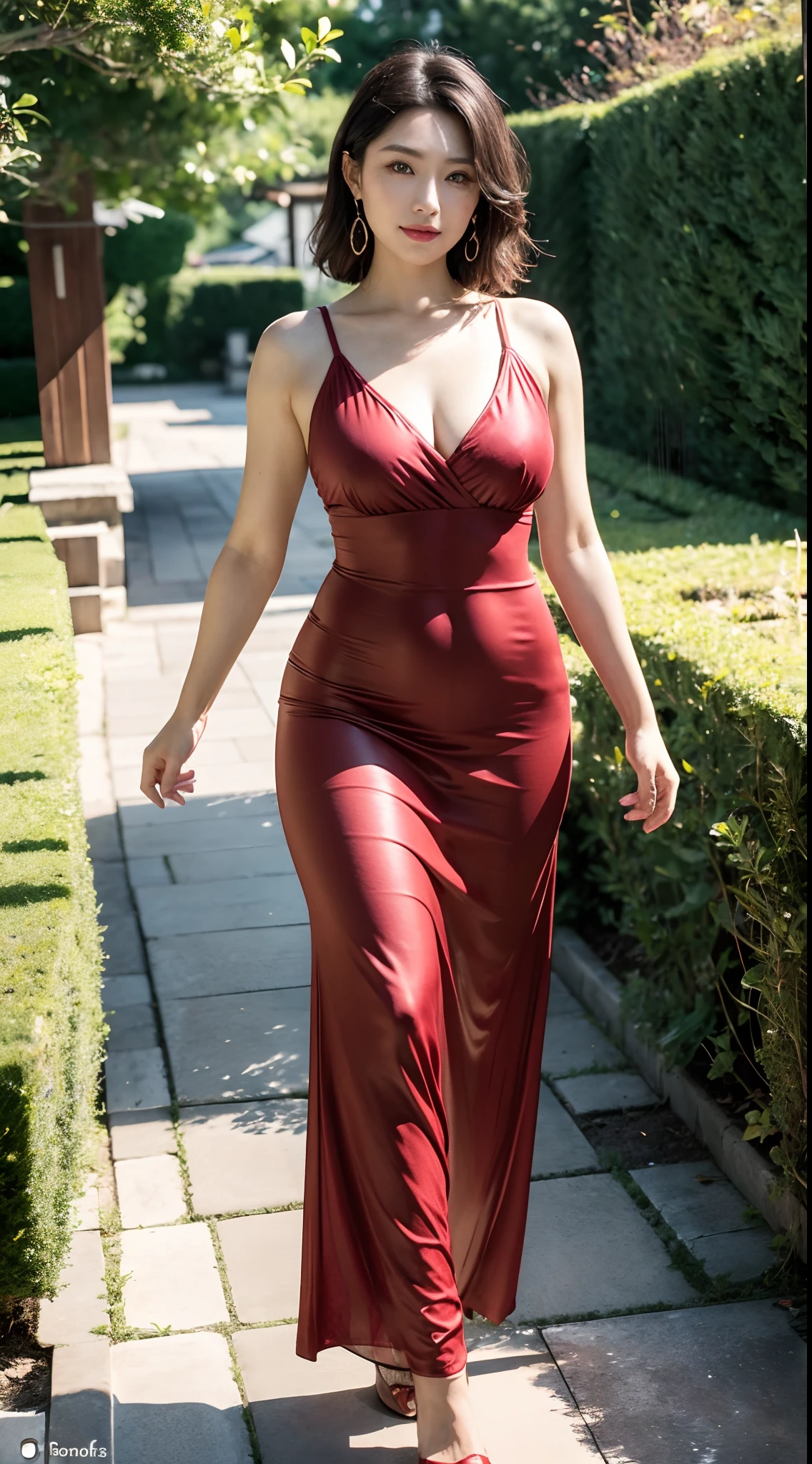 Bewitching beautiful mature woman、40 years、well-proportioned figure、The figure of the hourglass、Wearing a long maxi dress,  (Wearing pantyhose,Realistic Pantyhose)、game_nffsw, model in Japan、Japan sexy woman, Gorgeous Japan Woman, goddess of Japan, Walk through the gardens、Tempting smile、angry, Crazy, darkred eyes, sidesweep hair, Short hair, Long ringlet, catwalk \(Walkway\), , Colorful, Vivid colors, masutepiece, Best Quality, absurderes, Highest Quality, Amazing details, 8K, Aesthetic,、Raw photo, (At 8K、top-quality、​masterpiece:1.2)、(intricate detailes:1.4)、(Photorealsitic:1.4)、octane renderings、Complex 3D rendering ultra detail, Studio Soft Light, Rim Lights, vibrant detail, super detailing, realistic skin textures, Detail Face, Beautiful detail eyes, Very detailed CG Unity 16k wallpaper, make - up, (detailedbackground:1.2),　shinny skin、turned around、Exposed thighs!!!、