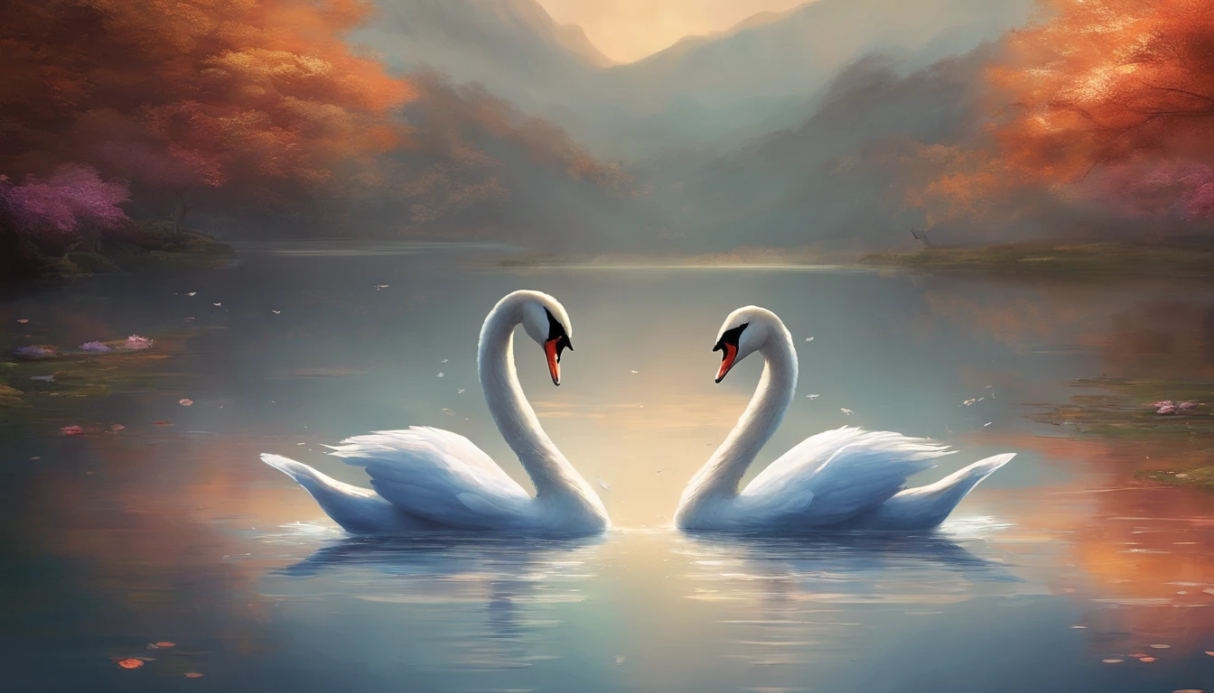 Two swans that attach their necks to the water to form a heart shape, swan, Dreamy Romantic, Beautiful dreamy breathtaking, Two swans swimming in the lake, very beautiful photo, swan, beautiful art uhd 4 k, Beautiful nature, Beautiful Art, beautiful wallpaper, peaceful and graceful, beautiful fantasy, Very beautifully、Ethereal, Beautiful digital art, beautiful gorgeous digital art, Thomas Kinkade's style,
