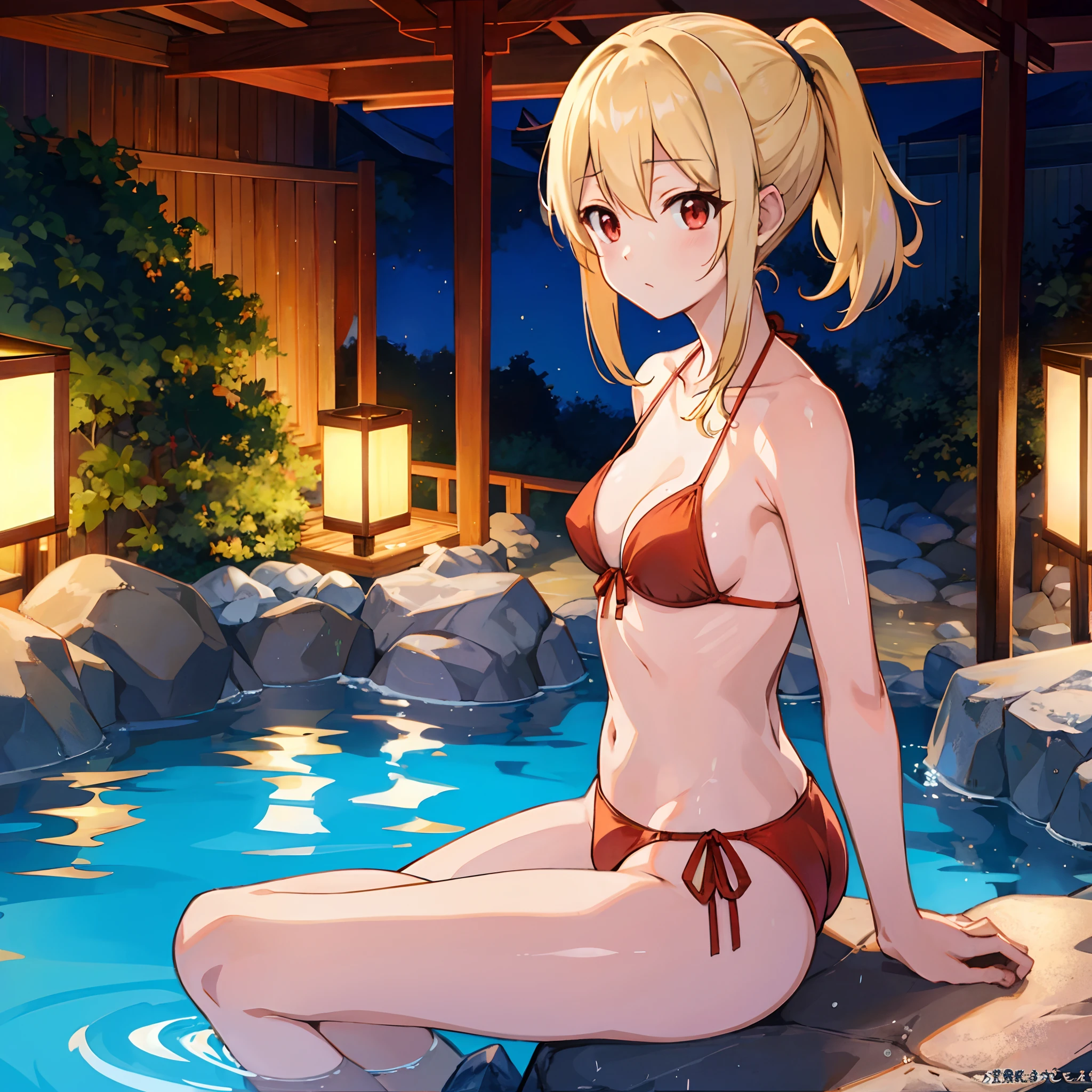 a blond、poneyTail、red eyes、One Beautiful Girl、The bikini、gravure、hot onsen
