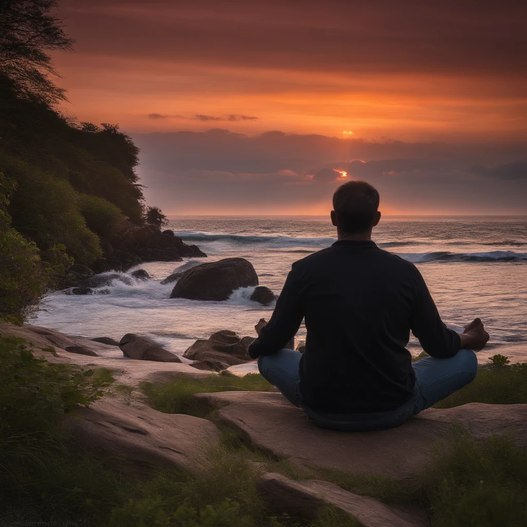 (Masterpiece)"black and white images，Man meditating in the forest
"Create a stunning Twitter profile cover image that captures the beauty of the sea at sunset. The scene should feature a real-life seascape with waves gently crashing on the shore, and a serene sky painted in hues of orange and pink. In the foreground, include a silhouette of a man sitting on a large, weathered stone by the water's edge. He should be in a peaceful prayer posture, with his hands folded in front of him, gazing out at the horizon. The overall composition should evoke a sense of tranquility and spiritual contemplation. Please ensure the image dimensions are suitable for a Twitter profile cover."