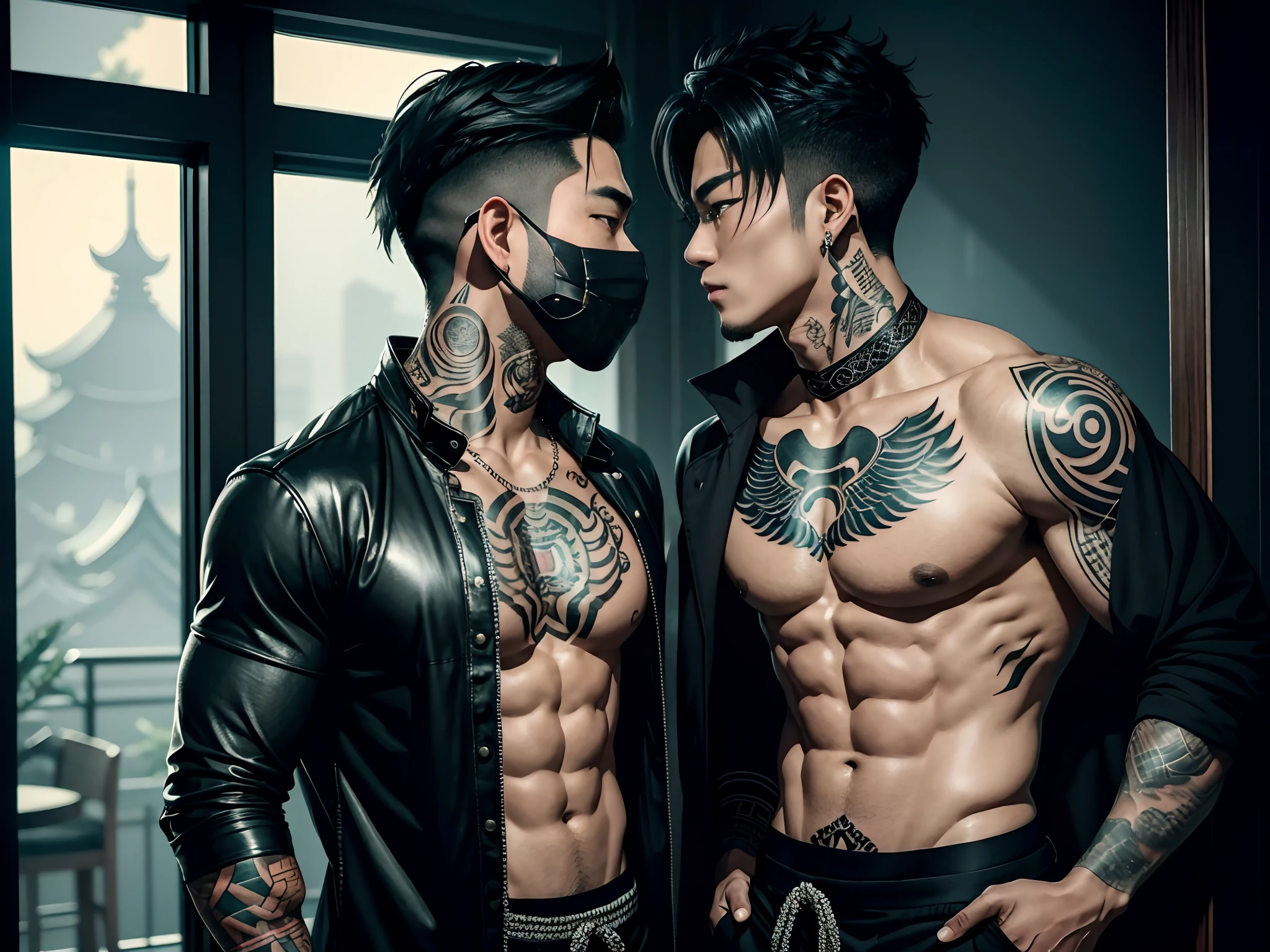Two oriental men, Boyfriend,Gay, In the fun, roleplaying, Play as a sexy bandit,A mask(black in color)!!,Kim Sejia's anime eyes, Shin Jung-ho's anime eye, Kiss!!,Head fit, It's almost a kiss, body defined, Beautiful, Oriental, Realistic, Cinematic, High quality, 16k, Best quality, High details, Super detail, Tattoos, upper body photos, The pants are a little revealing