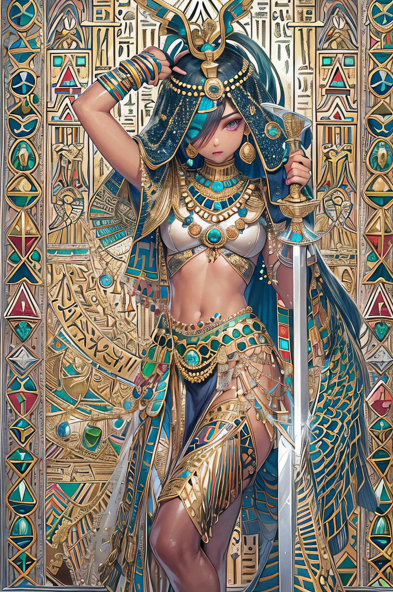 (tmasterpiece、top-quality、The best illustrations、offcial art、Beautifully Aesthetic:1.2)、A highly detailed、(Fractal Art:1.1)、(Pyramids、scarab、Egyptian pattern:1.3)、(Hierograph:1.2)、(Dynamic Poses)、(Abstract background:1.3)、(skin tanned:1.5)、Shiny skin、(highly colorful:1.4)、(Holding a thin silver sword:1.4)、(black colored hair、Longhaire、straight haired、Purple eyes:1.2)、(White costume in Egyptian style、gold decorations、Gold Frame Ornament)、(lapis lazuli、Turquoise Blue、Jeweled)、exotic beauty、thighs thighs thighs thighs、braided sandals、Fantastical