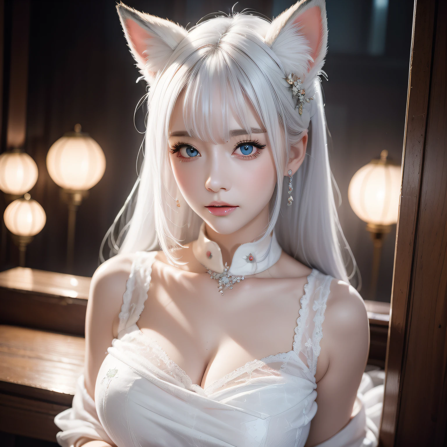 Miss Fox Demon,T-shirt wraps around your neck,High collar、High collar、High collar、High collar、High collar、High collar、Fox Devil Fox Ears White Hair Girl,You can overlook the night view of Chang'an,Sexy and feminine,sit pose,Fluffy fox ears,fox tails,No ears,Reddish tones,Gorgeous fireworks background,Pink floral maxi dress,Beauty with only fox ears,Cover chest,Clan girls,Fox's eye,Enchanted,Charming, K, best qualtiy, tmasterpiece, 1womanl, , Raised sexy, Highly detailed face and eyes, professional make up, ,, glow blue eyes,Girl with white hair with fox ears
