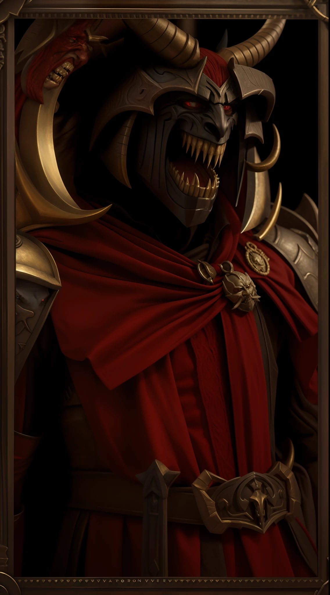 masterpiece, high quality, detailed photo, 1man, demon with horns, demon face with teeth and fangs, red dress, red toga, khorne, baldur's gate character portrait, portrait of emperor of mankind, portrait of the god of death, dagoth ur, gwyn, devil, vigo the carpathian, berserker potrait, imperial portrait, severian of nessus, warhammer