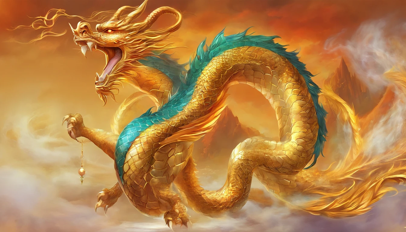 "Generate a highly detailed and realistic image of a Chinese dragon in dark gold color, set against a vibrant and mystical background. Emphasize the following five key elements: serpentine body, majestic horns, flowing whiskers, vibrant scales, and fiery pearl. The dragon's serpentine body should be sinuous and graceful. The majestic horns should curve gracefully upward. The flowing whiskers should add to its wisdom and age. The vibrant scales should shimmer with intricate patterns. The fiery pearl should emit a warm and captivating glow. The background should evoke a sense of ancient Chinese mythology and mystery, with elements of clouds, mist, and celestial motifs enhancing the dragon's presence."