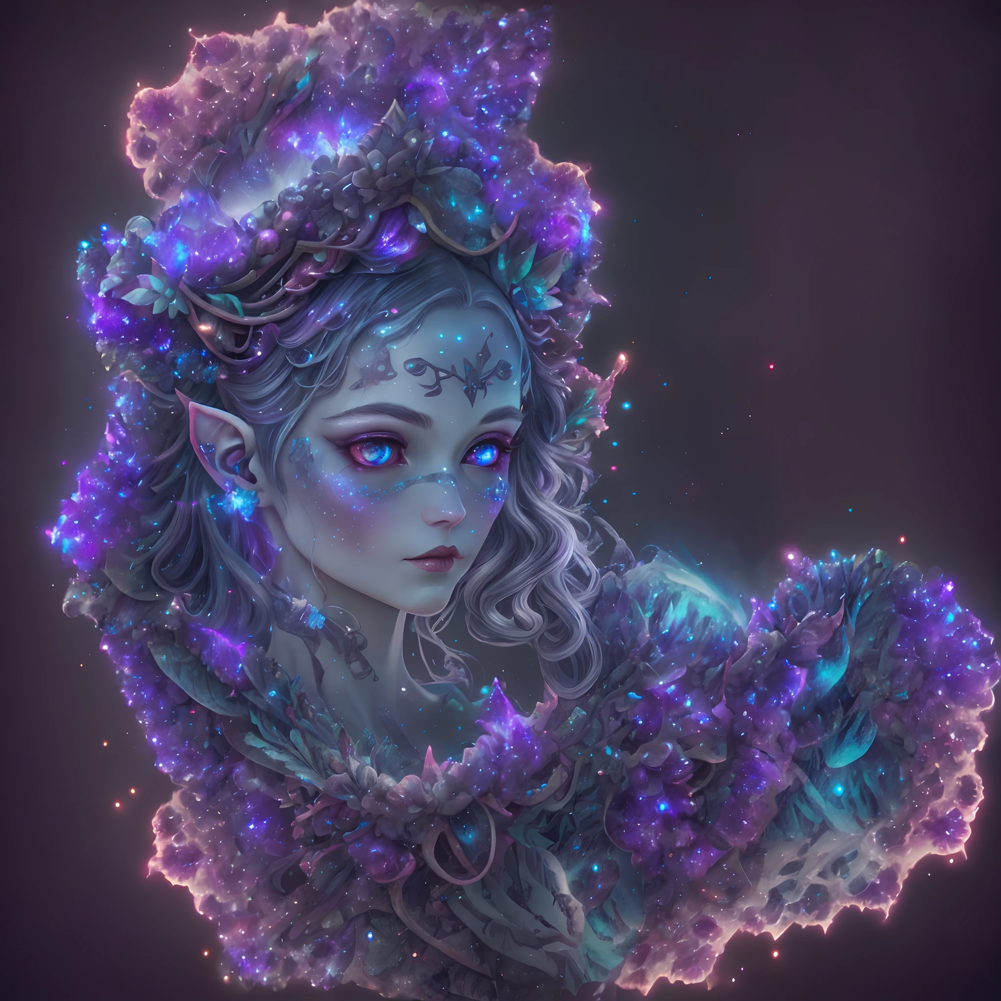 Otome Rosen, (masutepiece, Best Quality), (Illustration), Strange lush forest of fungal diseases, Transparent viscosity, Caustics, crystalline, close-up, Intricate details, Light background, Bright spores, Rainbow crystals, Dark. Night lighting for movies, Nature, High resolution, Magical Night Forest, forest guardian, Witch of the Enchanted Forest, Bright red eyes, Faun's Ear, long purple and gray hair, pale skin, Beautiful face, Fine Features, Portrait, Front view, Cap, 3 eyes, magical glow, Magic and fireflies.