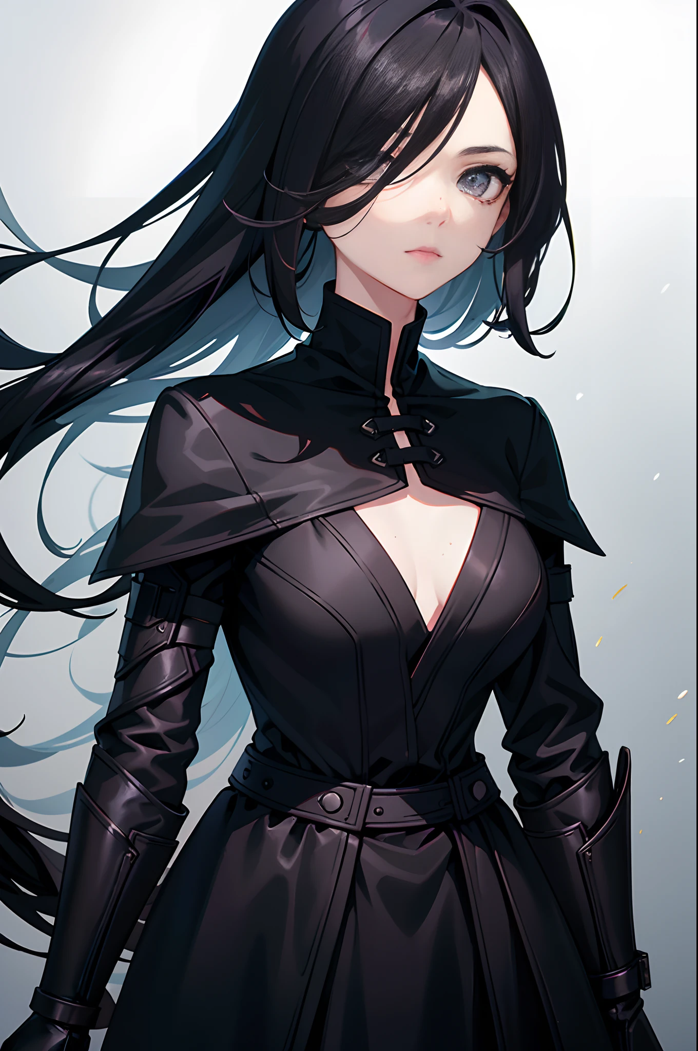 1girl, (black, hair over one eye, long hush cut hair:1.2), (slender: 1.15), hourglass body, ((grey eyes)), freckles, wearing black medieval armor, black waist cape, gentle smile, Elegant, badass, 18 years old, Star Wars, Sith, Sith Warrior, Noble warrior, noble girl, UHD, Masterpiece, High Quality, High Detail, Top Quality, Hi-Res, HD, 16k, 8k, 4K