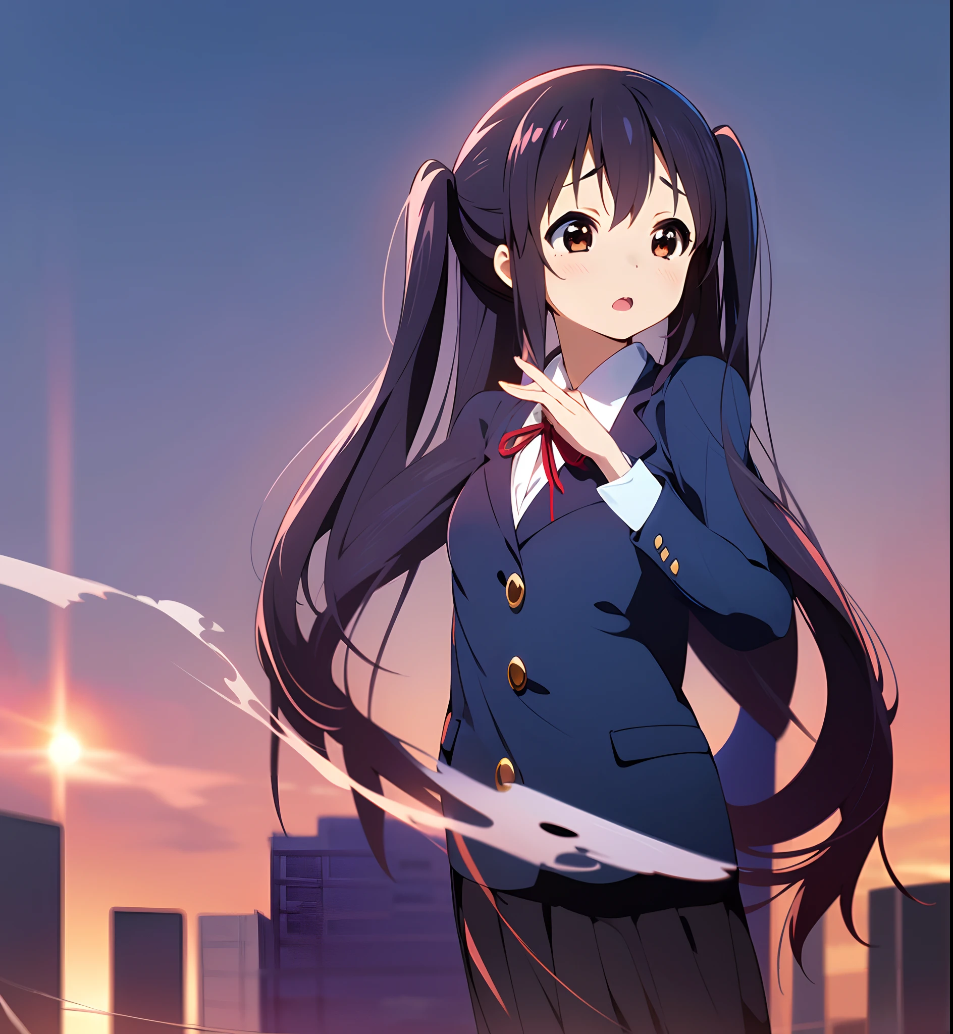 1girl, (((masterpiece))), highest quality, best quality, high detail, nakano azusa, 1girl, sakuragaoka high school uniform, school uniform, twintails, long hair, black hair, brown eyes, solo, red , a navy blue blazer with red narrow ribbon, a solid white buttoned shirt under the blazer, illustration, cartoon, soothing tones, calm colors, soft cinematic light, adobe lightroom, photolab, hdr, intricate, highly detailed, ((((depth of field)))). (((takeout))).dynamic focus.((big breasts)).(((Skyscrapers))).(((A city scape))).(((Face of sadness))). open mouth.(((put hands on the hip))).(((up chest))).((evening glow)).((the setting sun)).