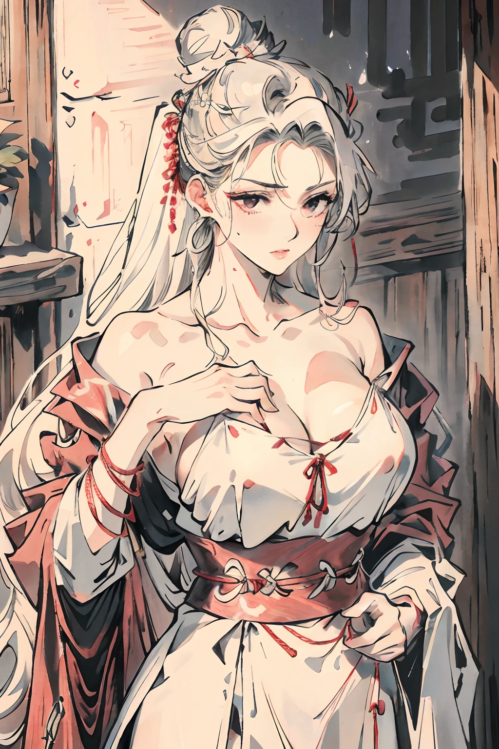 (tmasterpiece),((A high resolution)), ( ((top-quality)), ((super-fine)), ((Ultra Fine CG)),A woman covered her chest with her hands,Chest squeeze deformation,There are ropes tied to the body,Tied,Strangle the meat with a rope,(White hair),binding,shackle,Knots,Fancy bundling,Be restrained,restrict