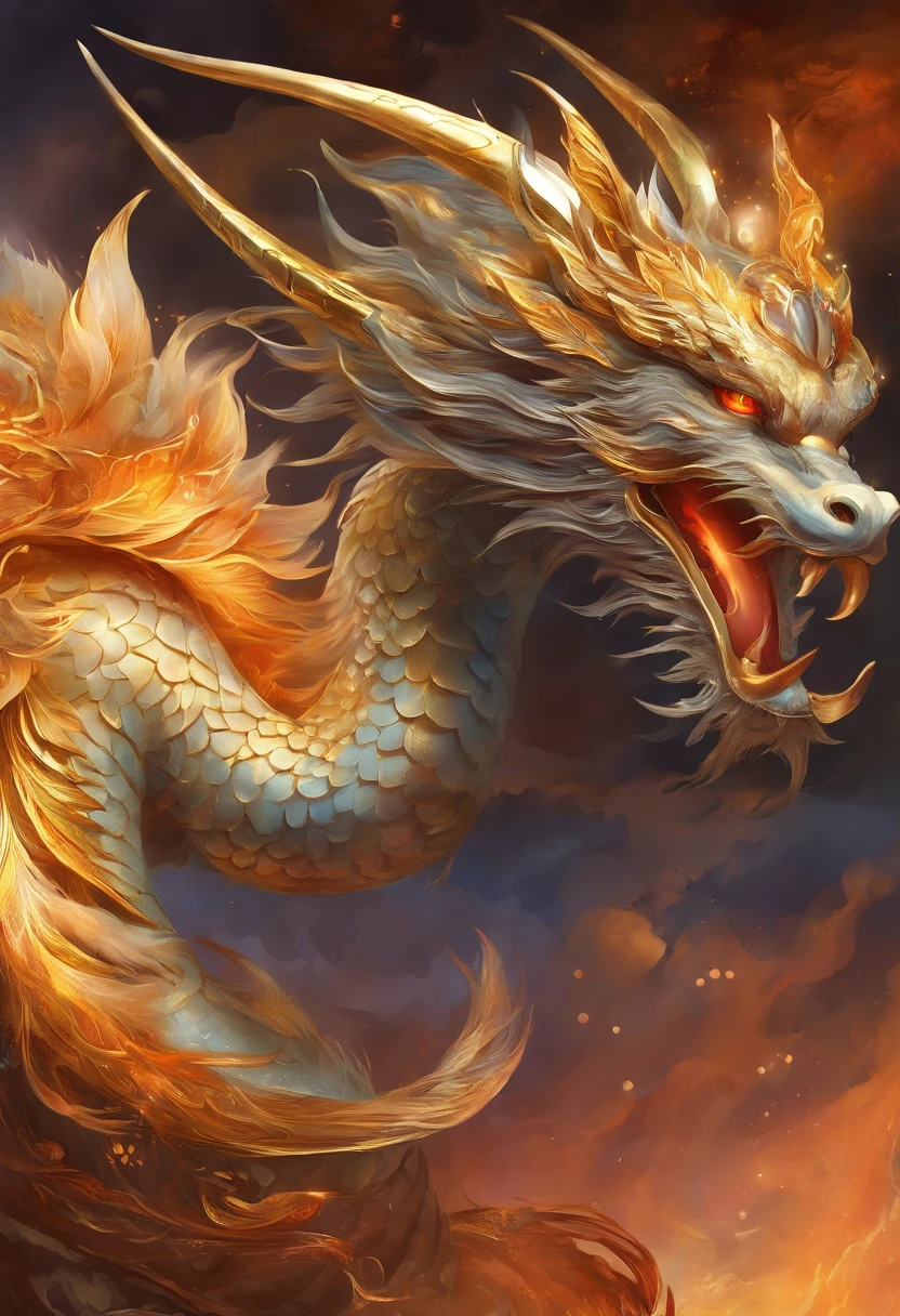 "Generate a highly detailed and realistic image of a Chinese dragon in dark gold color, set against a vibrant and mystical background. Emphasize the following five key elements: serpentine body, majestic horns, flowing whiskers, vibrant scales, and fiery pearl. The dragon's serpentine body should be sinuous and graceful. The majestic horns should curve gracefully upward. The flowing whiskers should add to its wisdom and age. The vibrant scales should shimmer with intricate patterns. The fiery pearl should emit a warm and captivating glow. The background should evoke a sense of ancient Chinese mythology and mystery, with elements of clouds, mist, and celestial motifs enhancing the dragon's presence."