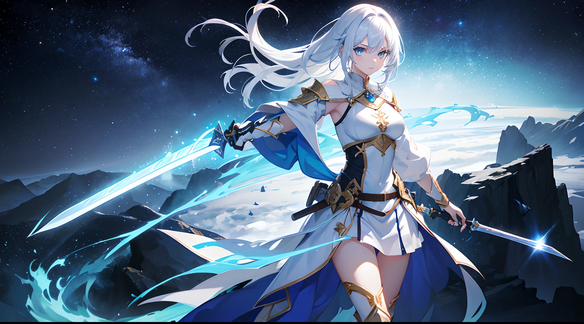 1girl, warrior, two-handed sword, white hair, blue eyes, glowing, magic, night, stars, full body, Middle Ages