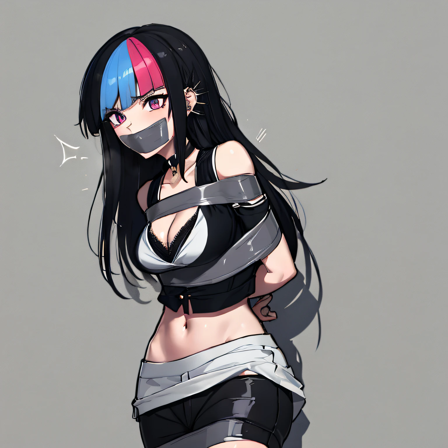 (absurdres, 8k, 4k, masterpiece, hyper extreme detailed:1.2), solo, 1girl, front view, perfect face, 1girl, portrait, expressive eyes, solo, standing, Female, perfect hands, pale skin, friendly, excited, punk rock, Long Hair, Multicolored Hair, black choker, black lipstick, Piercings, Ear Piercings, Nose Piercings, medium Bust, smile, half body, perfect anatomy, hands in pockets, anatomically correct, cowboy shot, no background, empty background, covered chest, white background, exposed shoulder, bound, bondage, (arms behind back:1.4), bdsm, tape gag, tape, tape bondage, restrained, tape wrapped, wrap gag, bondage, taped wrists, taped breasts, taped mouth, taped elbows, taped forearms, standing up, 1girl, cleavage, black hair,
