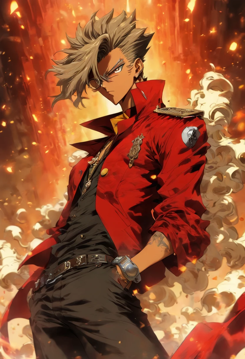 pistolero, con ropa victoriana, cabello blanco y gafas rojas basado en Vash Estampida full body