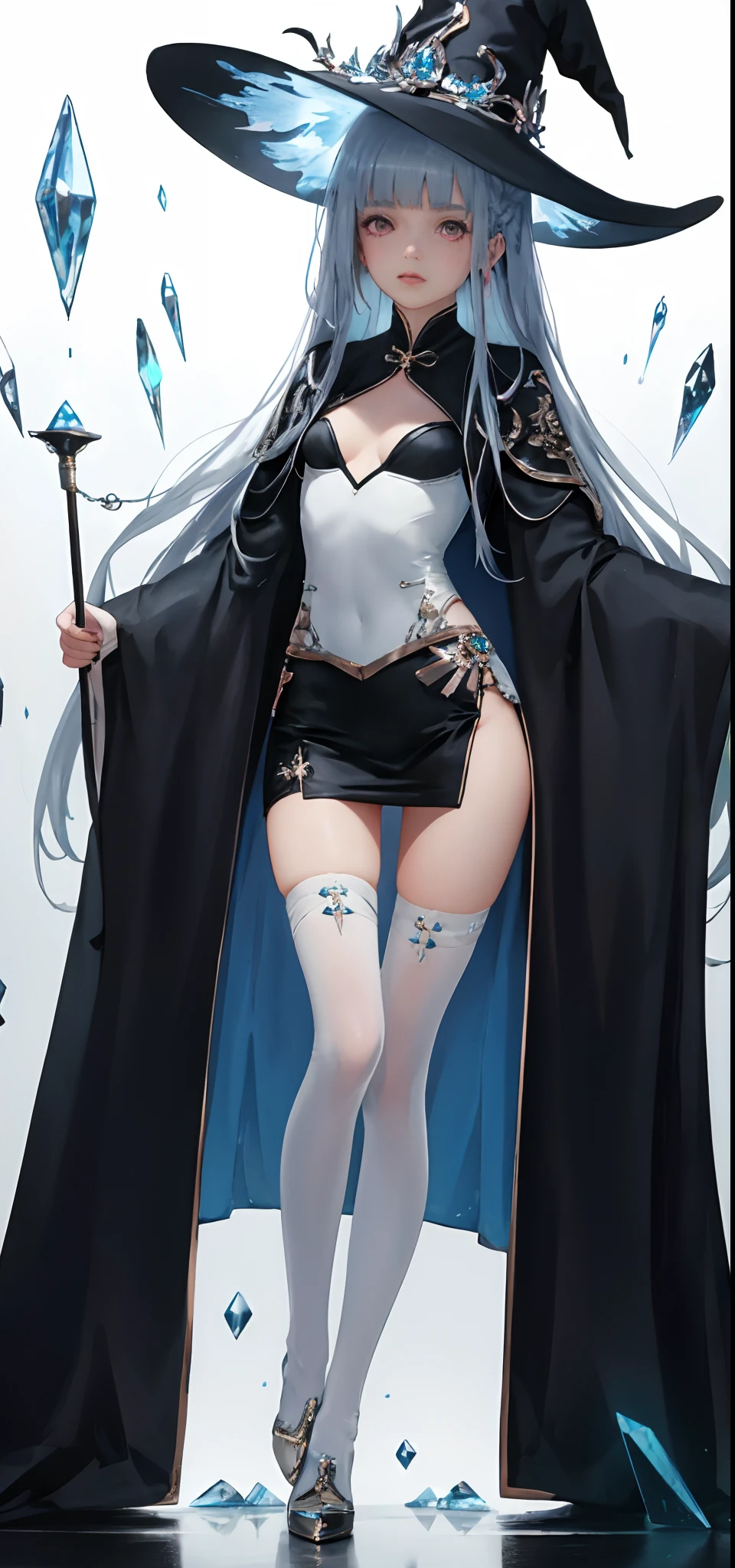 Blue Themes, Masterpiece, magical little girl, (Impossible clothes:1.5), Superskirt, Gradient background, Silver blue hair, , Blunt bangs,side locks, Pink eyes, (ulzang-6500-v1.1:0.9), Medium breasts, Breasts, thigh gap, hair adornments, Arched back, black_witch_Hat,Intricate_decor,mistic_The fountain,Glowing_crystals