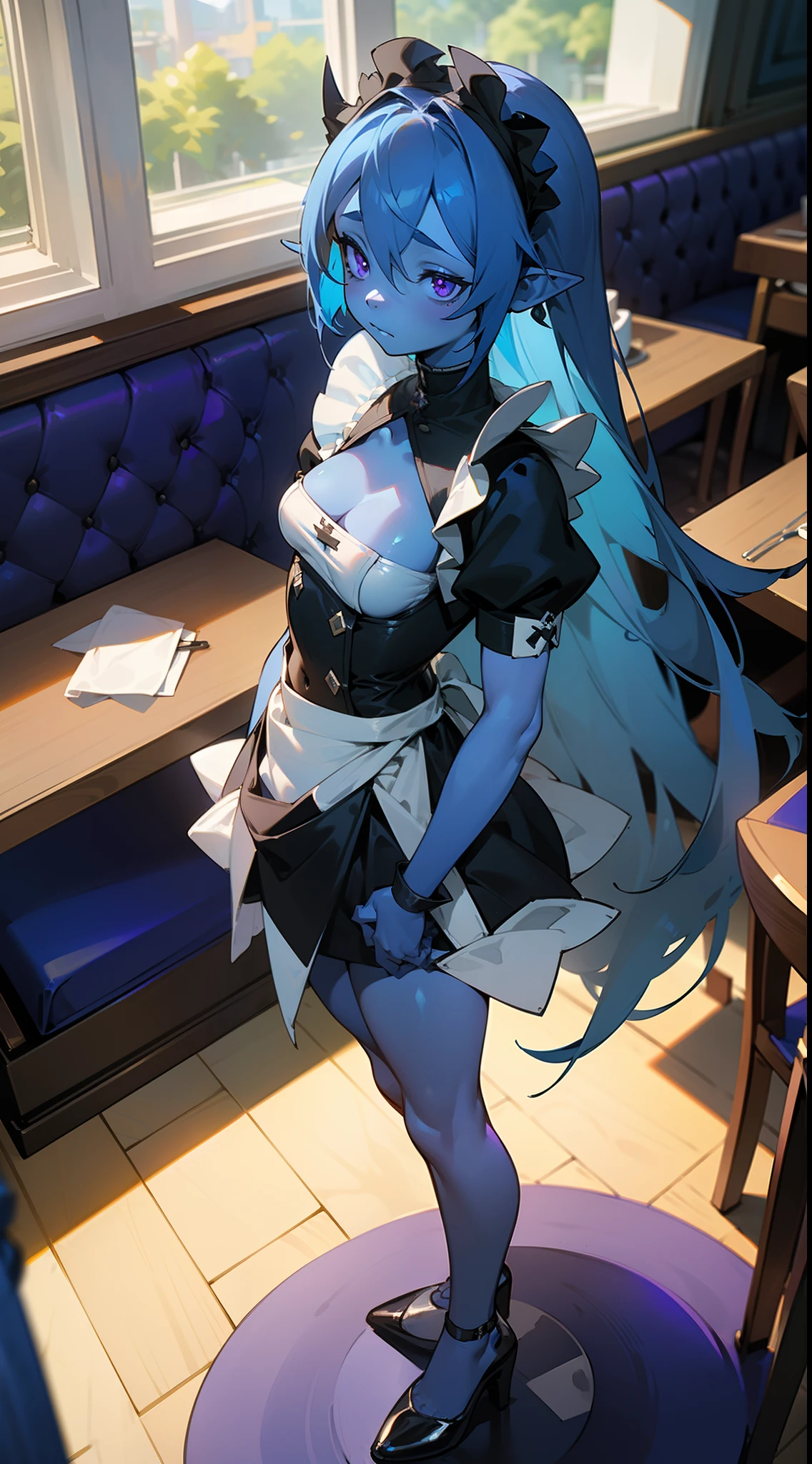 1girl,small,solo,((blue skin,colored skin)),shy face,(white and black maid outfit),medium tits,pointy ears,dark blue hair,long hair,purple eyes,(((standing in a restaurant,sunlight))),