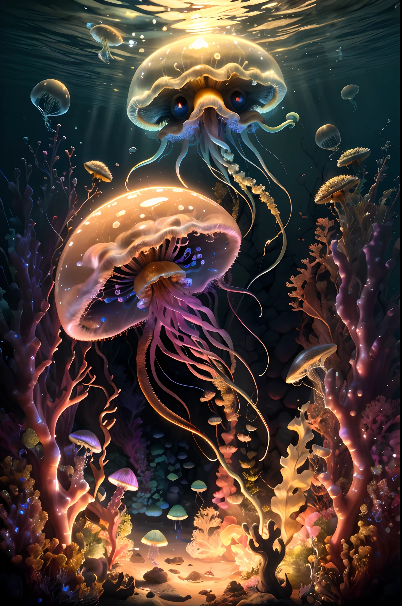 (Masterpiece, best quality: 1.3), highres, (8k resolution), (ultra-detailed: 1.1), madgod, stop motion, horror, no humans, bright, monster, underwater, jellyfish, photorealistic, bright: 0.3, (details: 1.2), volumetric lighting, (extremely detailed), only jellyfish